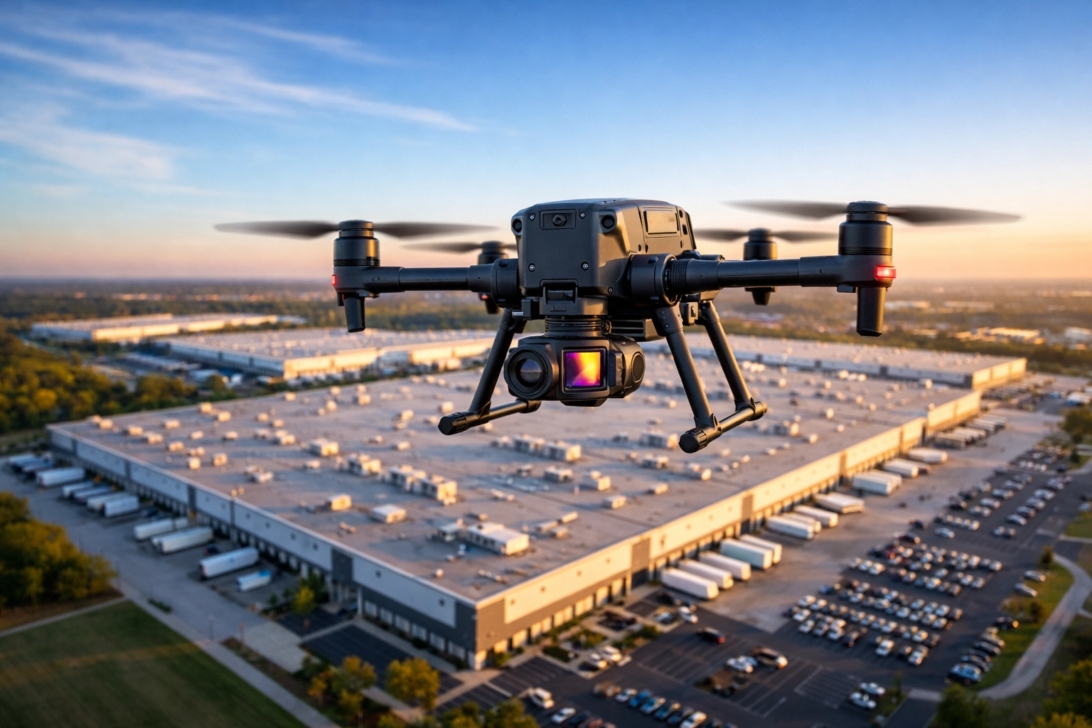 Thermal inspection drone hovering over commercial warehouse complex during aerial survey