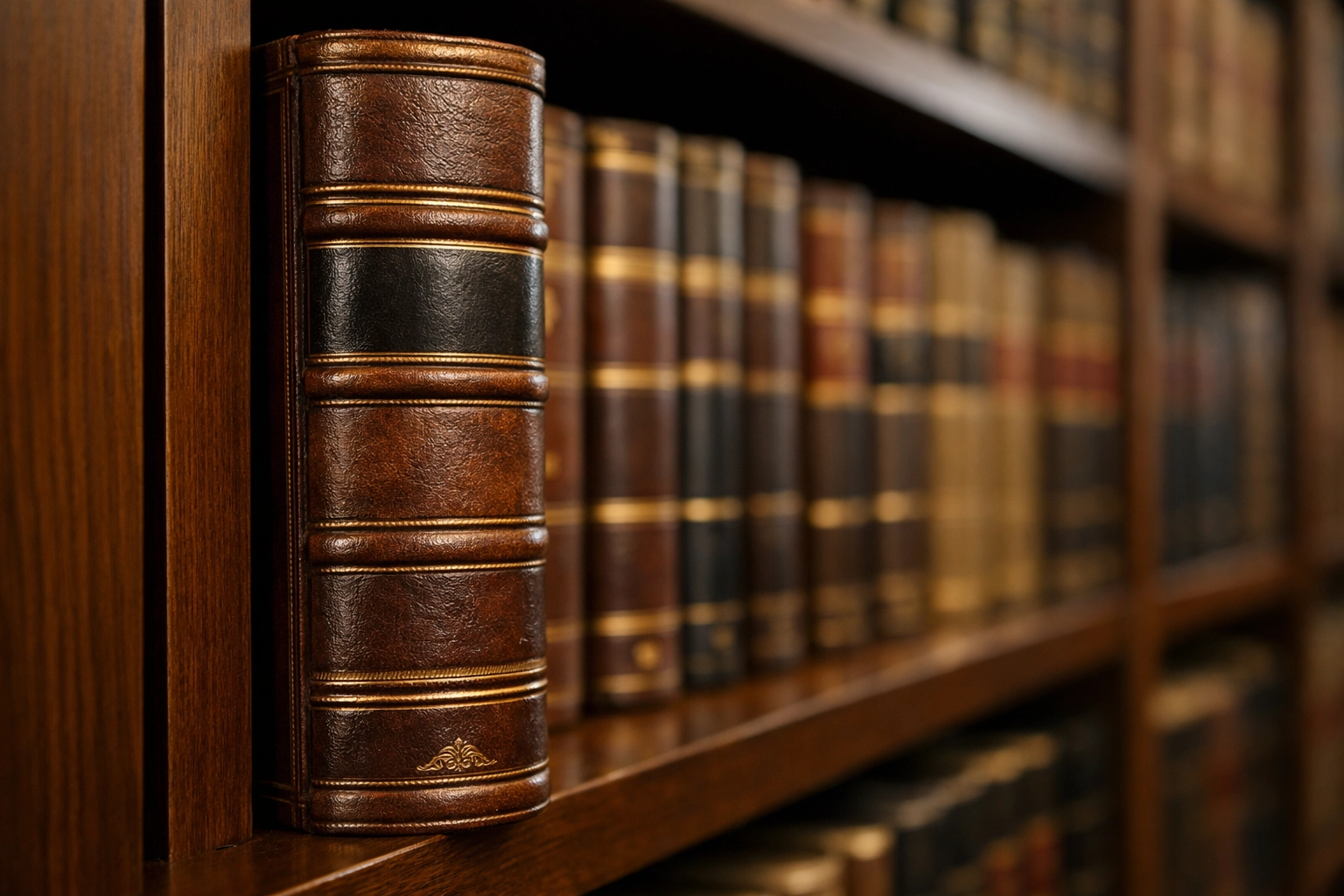 Leather-bound law book on a professional legal library shelf with warm neutral lighting