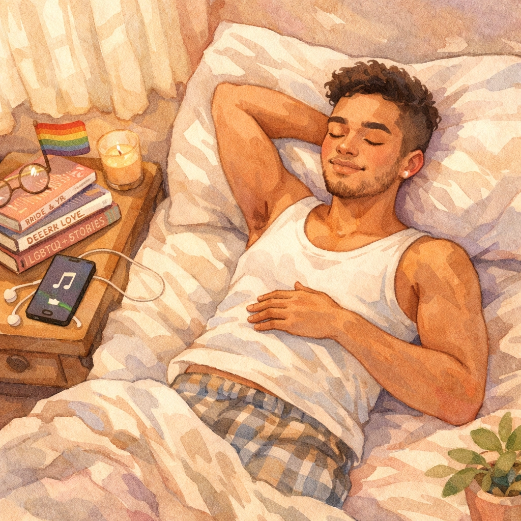 Gay man relaxing peacefully in bedroom, LGBTQ+ self-care and solo sexuality wellness