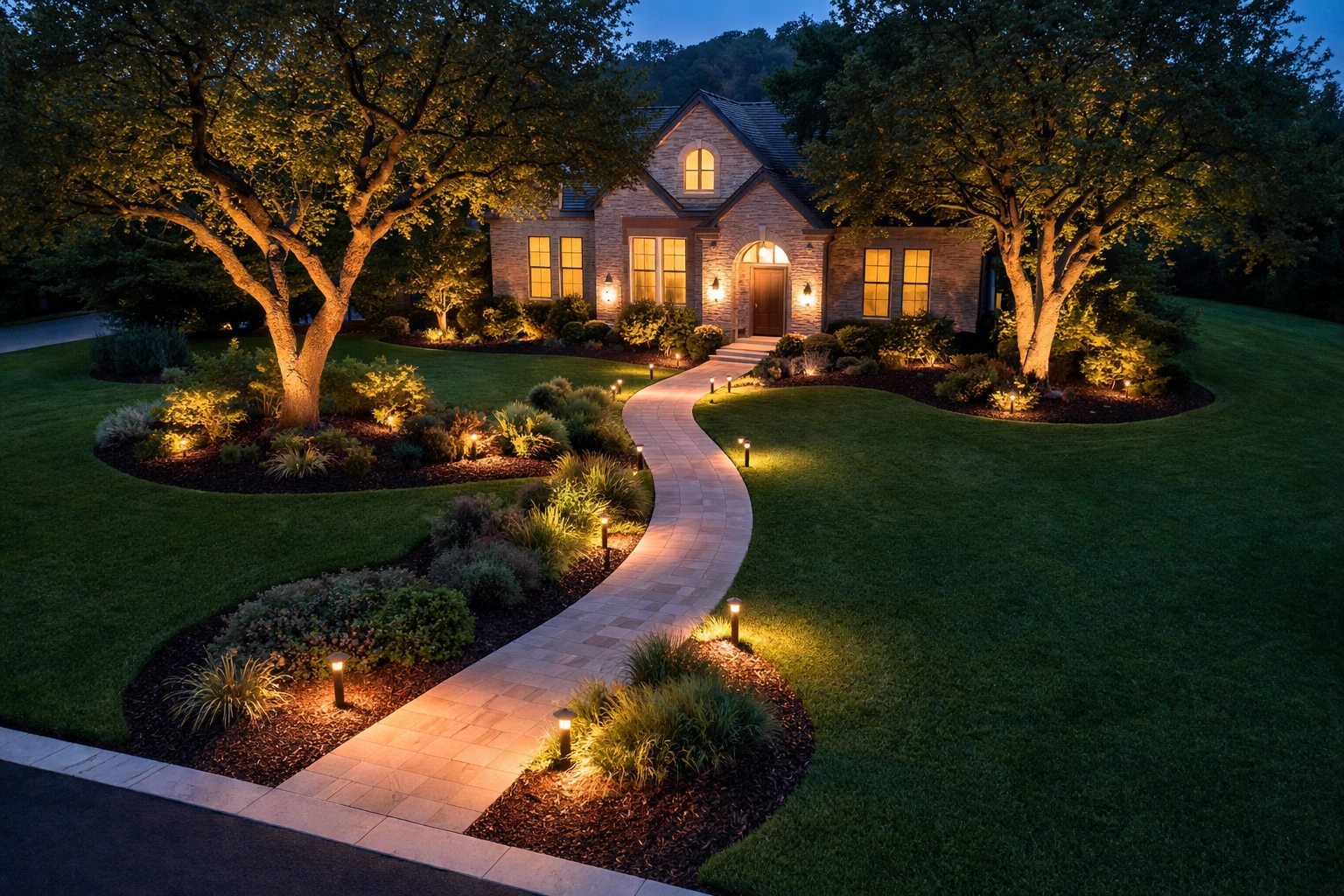 Aerial view of strategic outdoor lighting placement in a Gwinnett County home’s front yard at night.