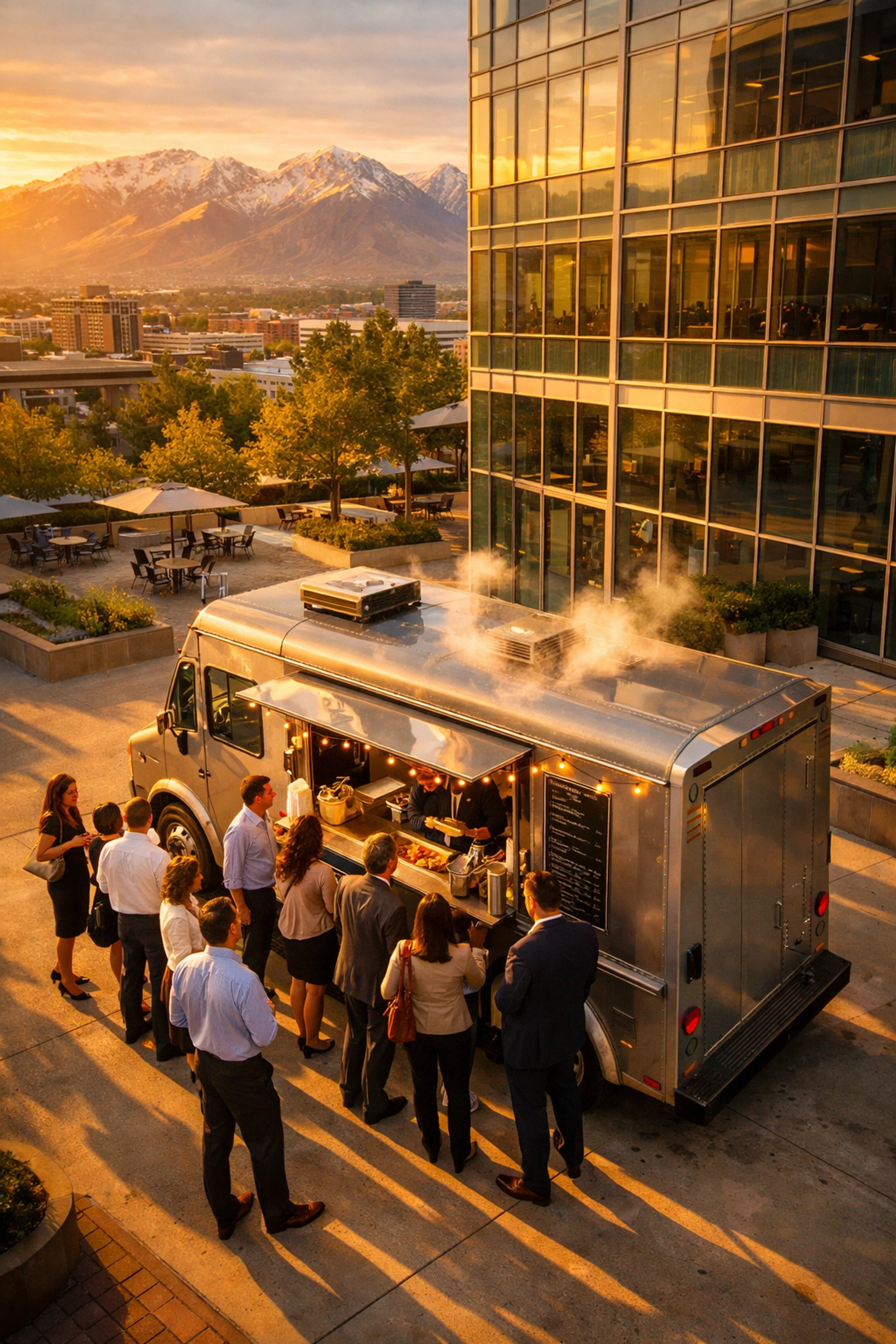 BBQ food truck catering at Salt Lake City office building with employees gathering for lunch