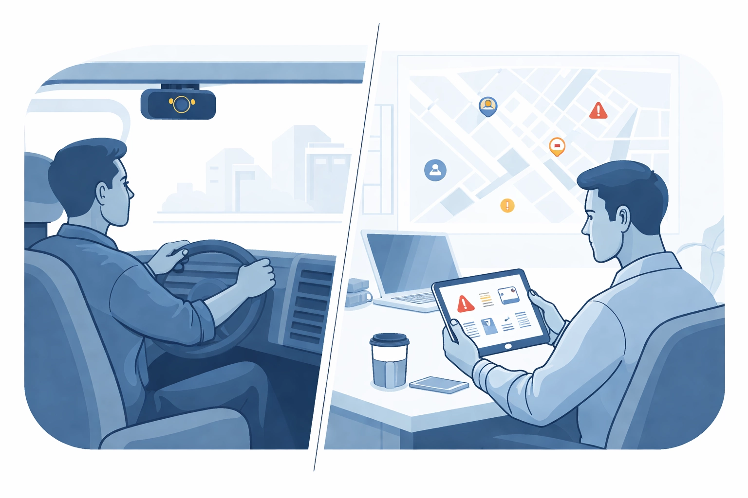 Driver monitored by AI dash camera and fleet manager reviewing real-time telematics alerts