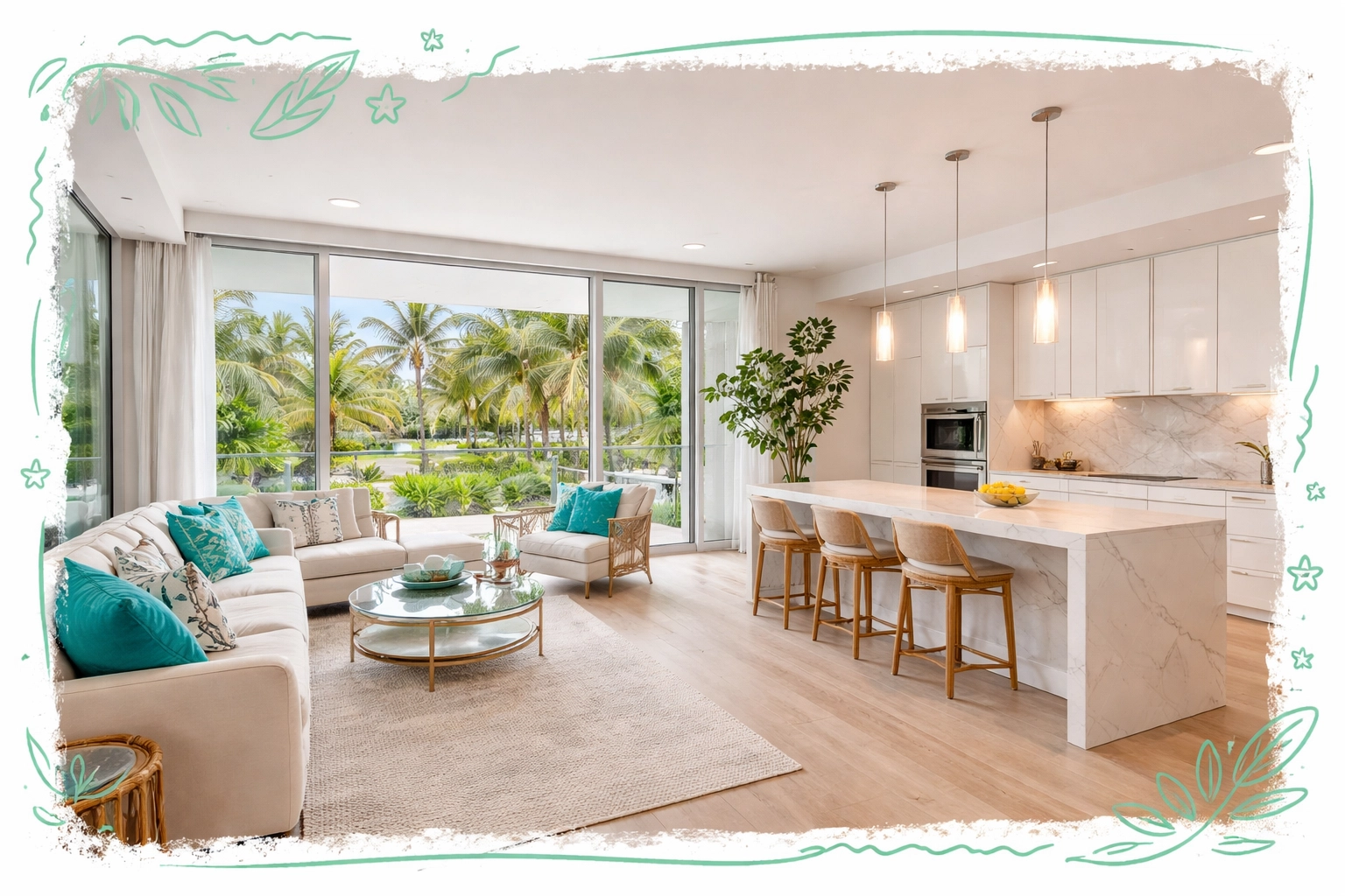 Modern Weston condo interior with open floor plan, white kitchen, and garden views, highlighting luxury condo living.