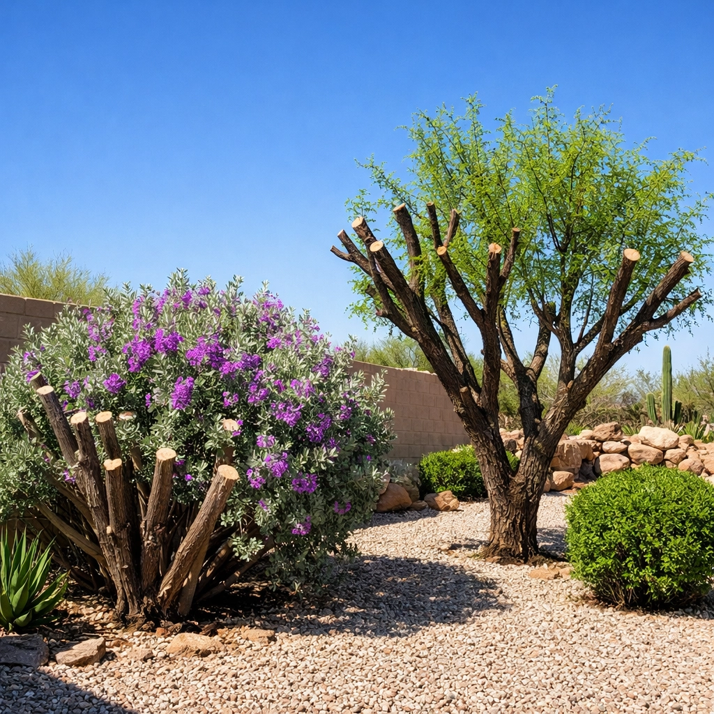 Freshly trimmed desert shrubs and mesquite tree in Tucson spring yard