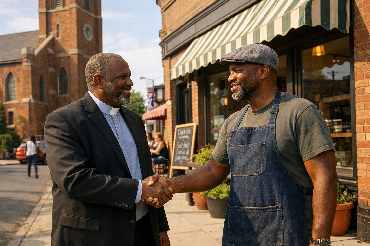 Church pastor and local business owner shaking hands in urban neighborhood representing faith-based partnerships