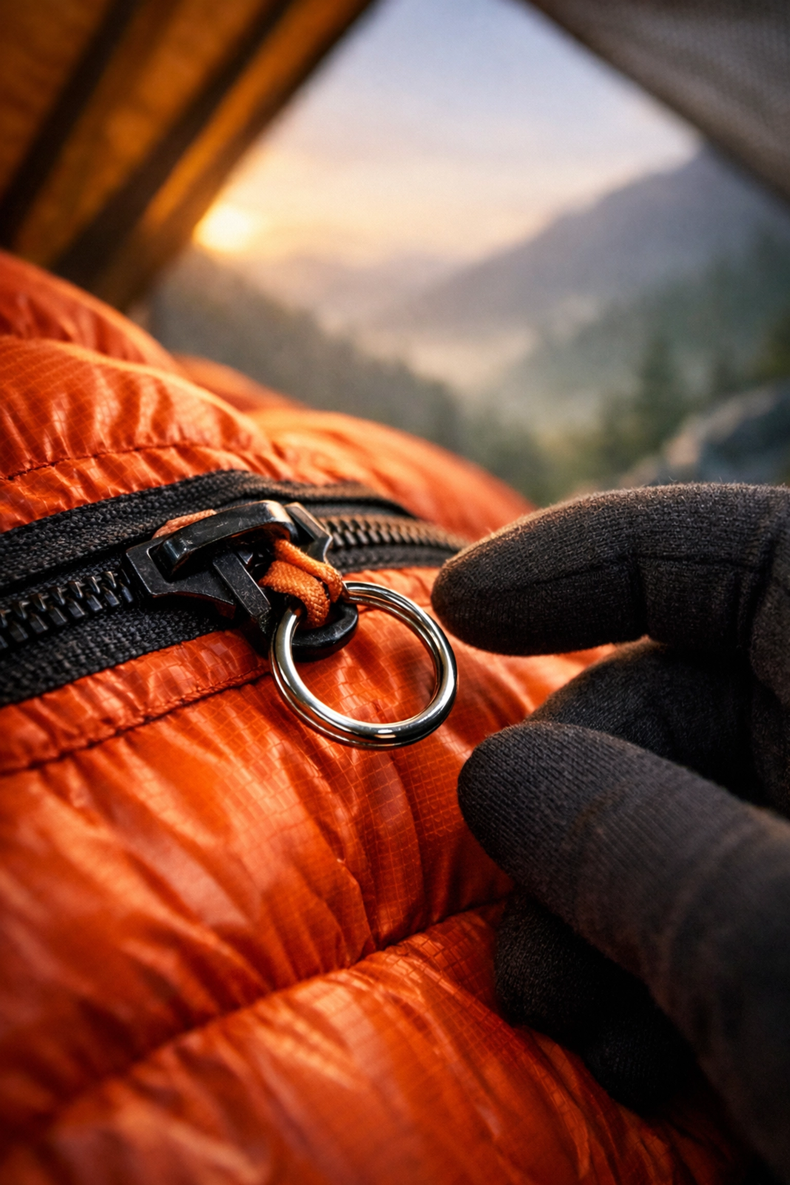A handy keyring attached to a sleeping bag zipper pull for easier access during a wild camping trip in the UK.