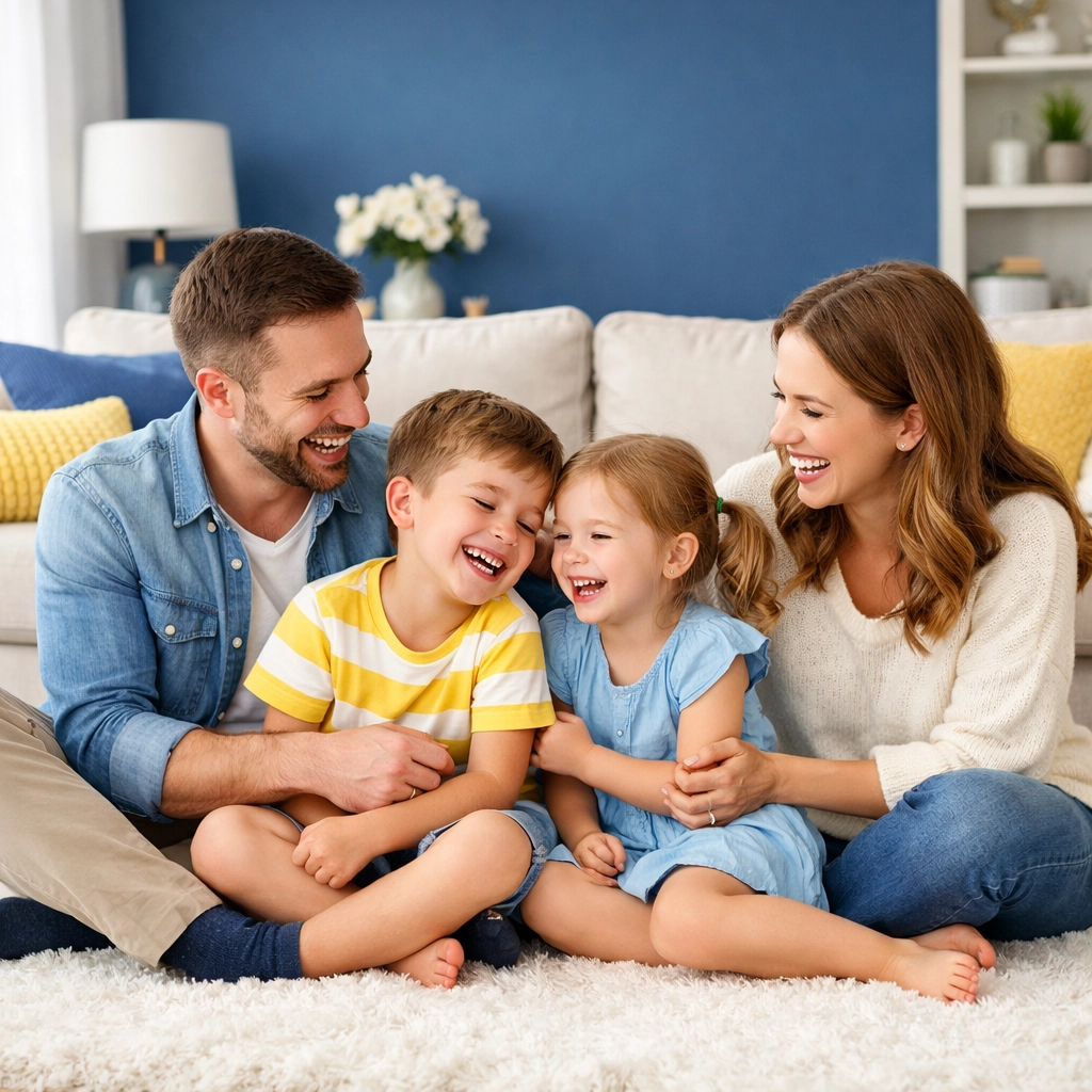 Family relaxing in a spotless living room thanks to expert house cleaning Townsend MA.