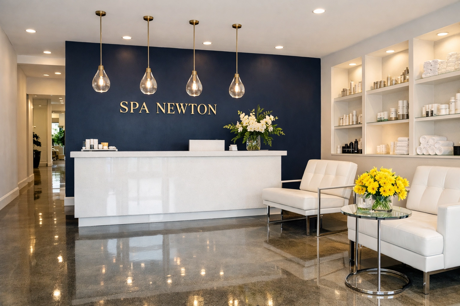 Newton spa lobby with polished concrete floors and a clean quartz reception desk showing professional maintenance.