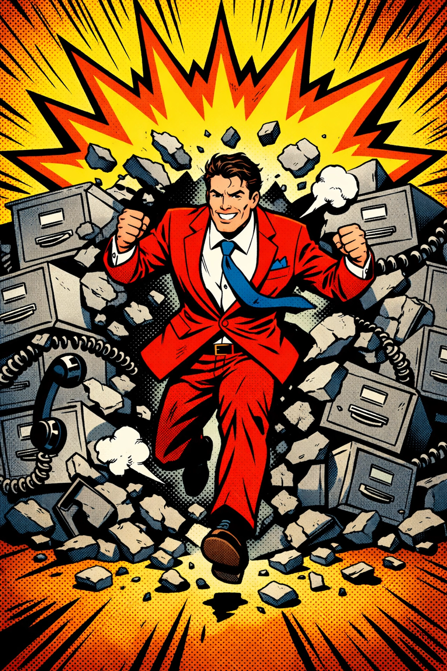 Professional bursting through office clutter to show the power of automated lead generation tools.