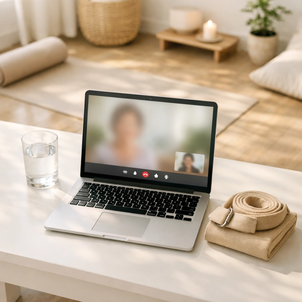 Laptop set up for a 1:1 virtual coaching session to help balance the body and eliminate sciatica nerve pain.