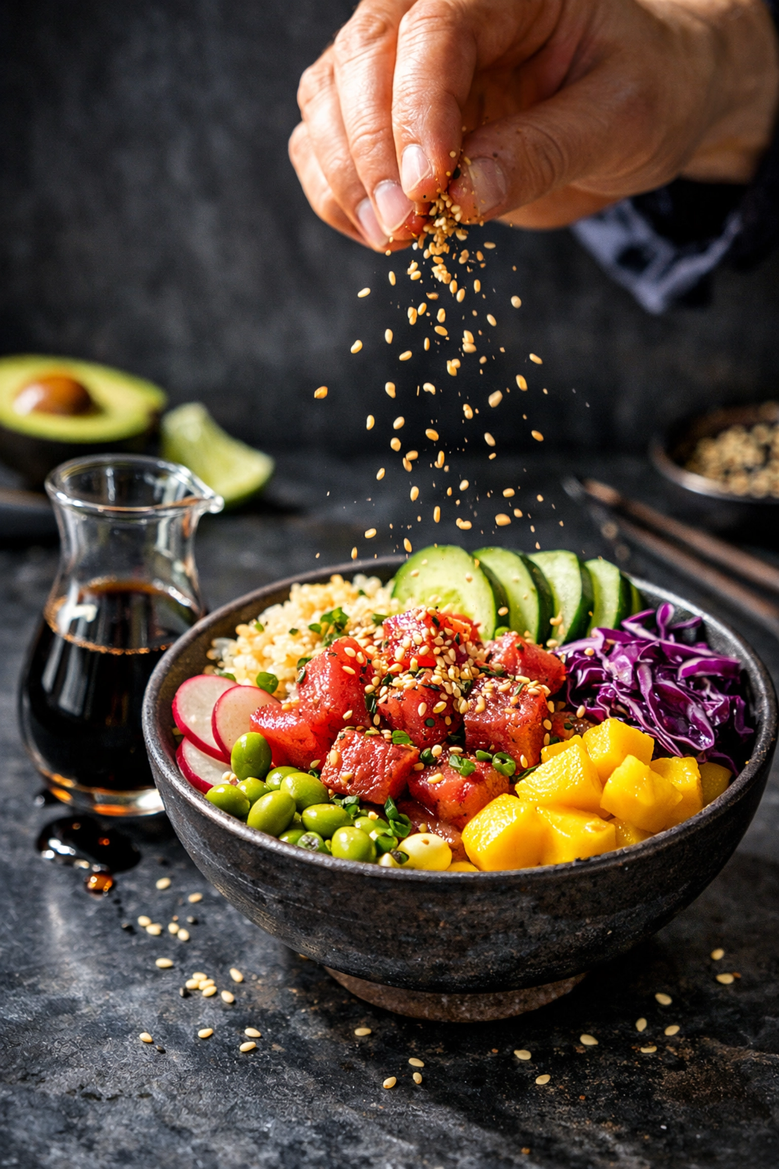 Préparation d'un poke bowl sur mesure avec thon, mangue et graines de sésame croquantes.