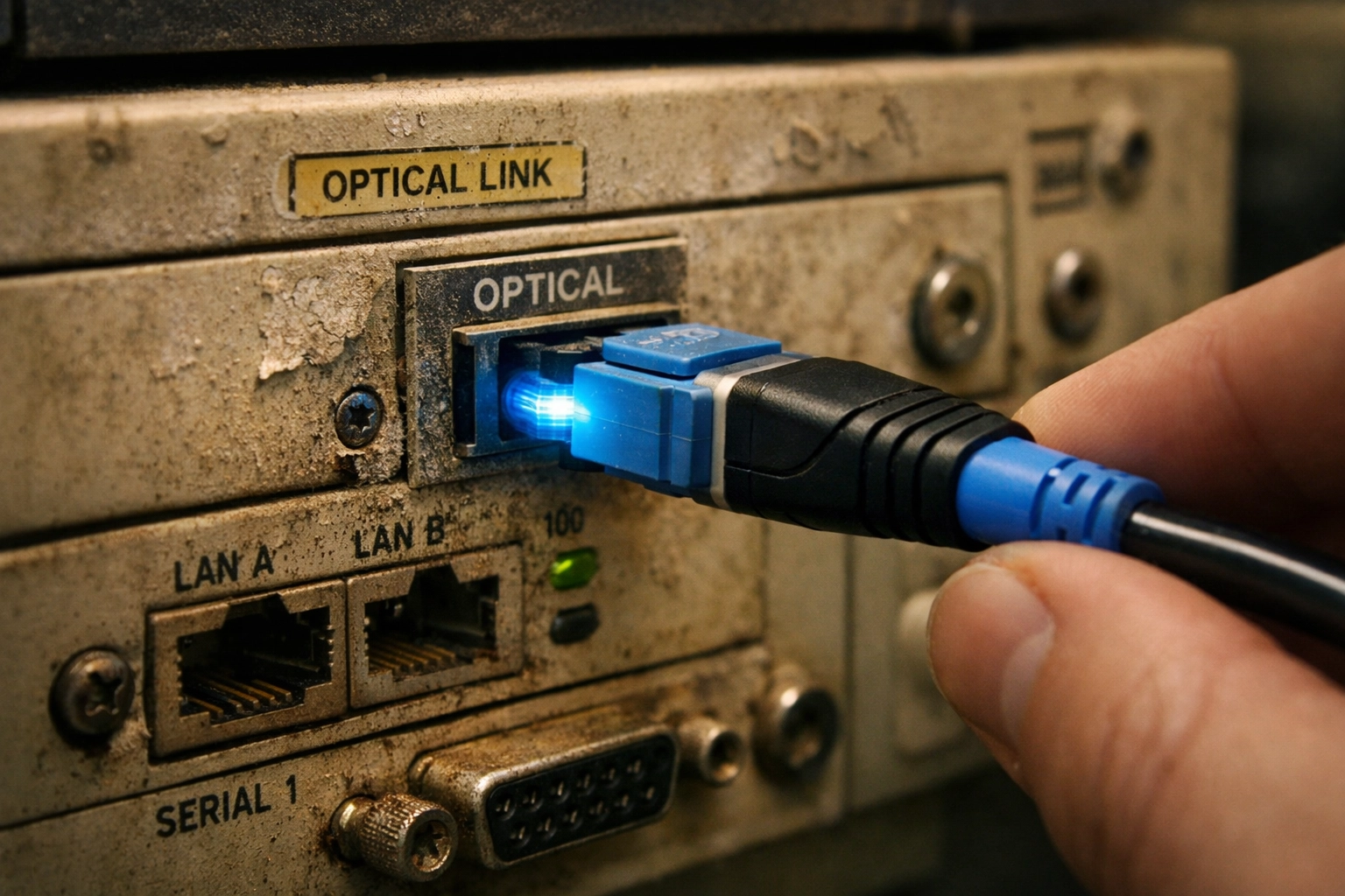 Modern network cable plugging into a dusty legacy server, highlighting healthcare IT security vulnerabilities.