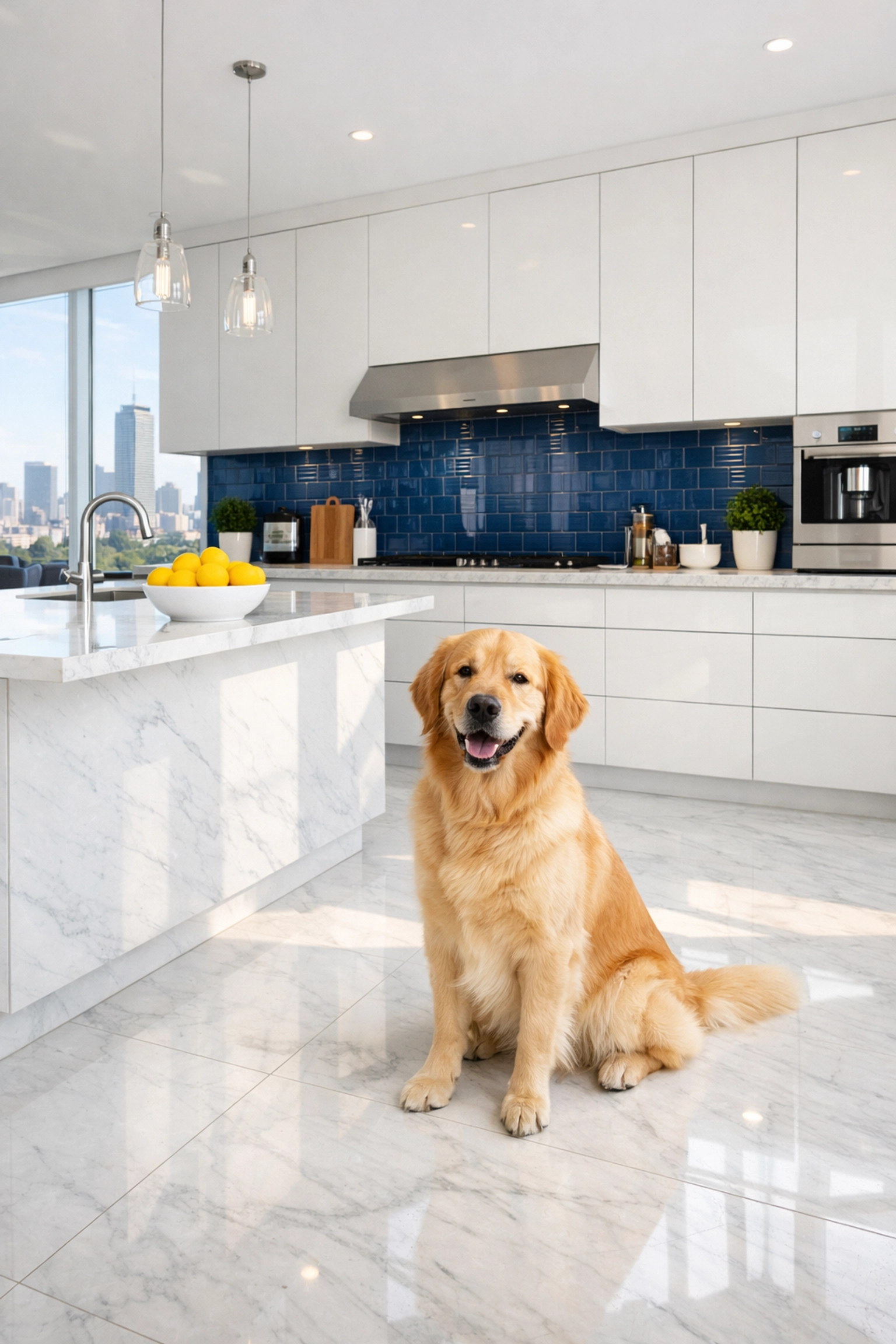 Pet-friendly apartment cleaning Boston featuring a clean marble kitchen floor and happy golden retriever.