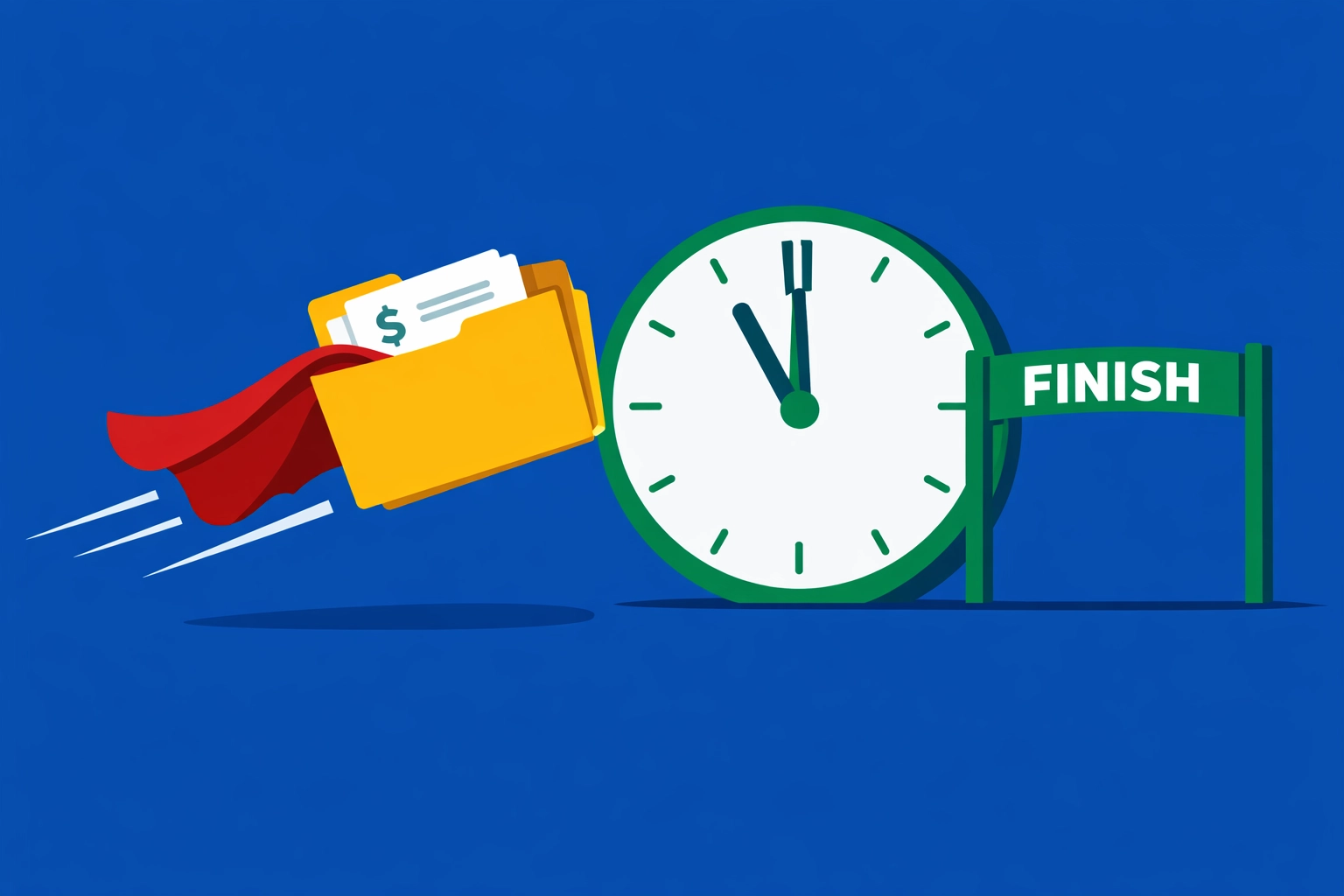 A superhero tax document folder flying toward a finish line clock, representing timely and professional tax filing.