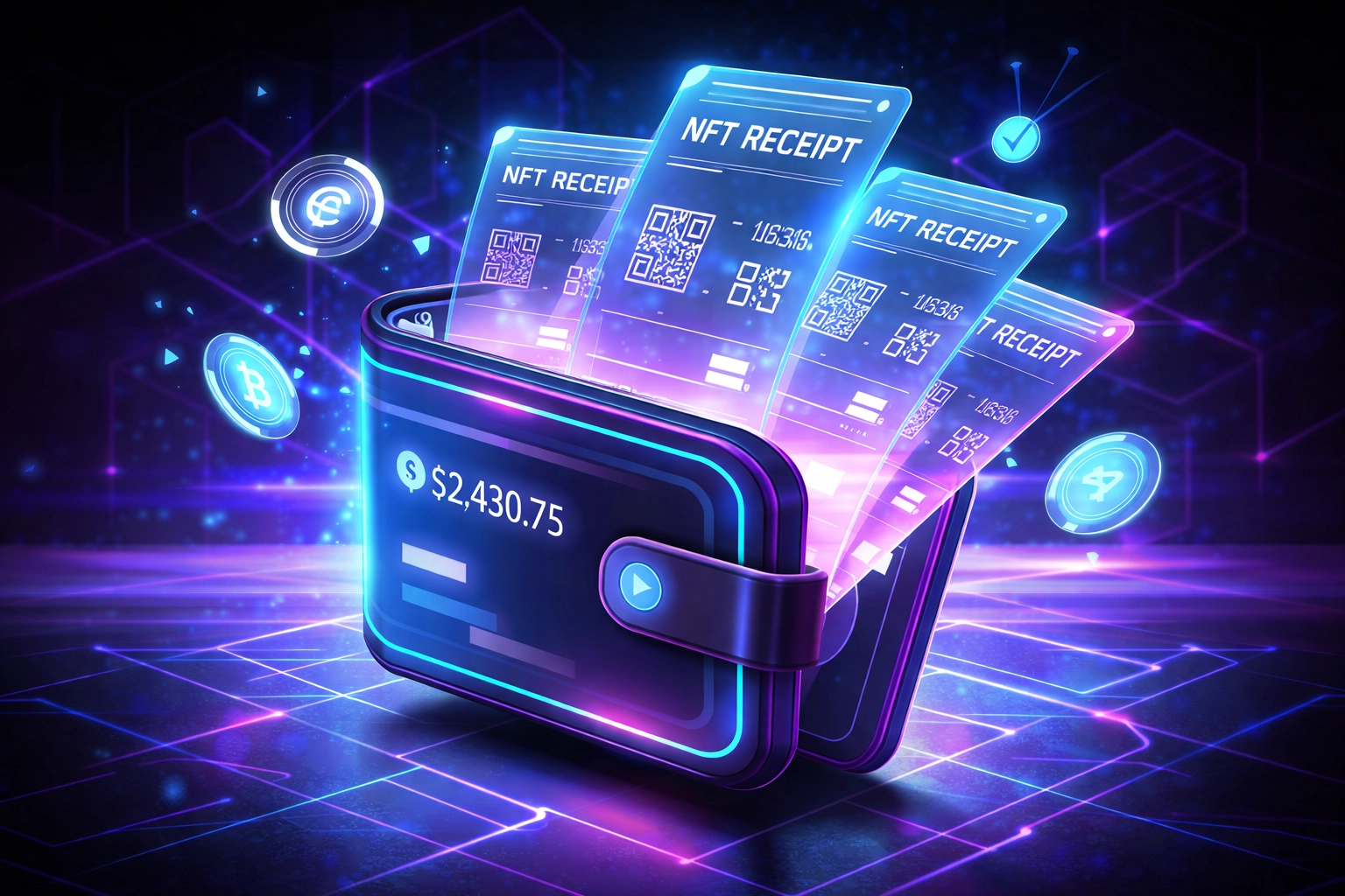 Digital wallet with NFT receipts visualizing secure Web3 payments and blockchain technology for metaverse shopping.