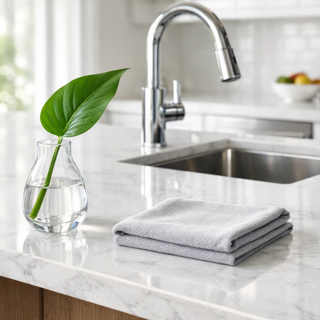 Professional turnover cleaning detail on a modern kitchen island with white marble and sparkling sink.
