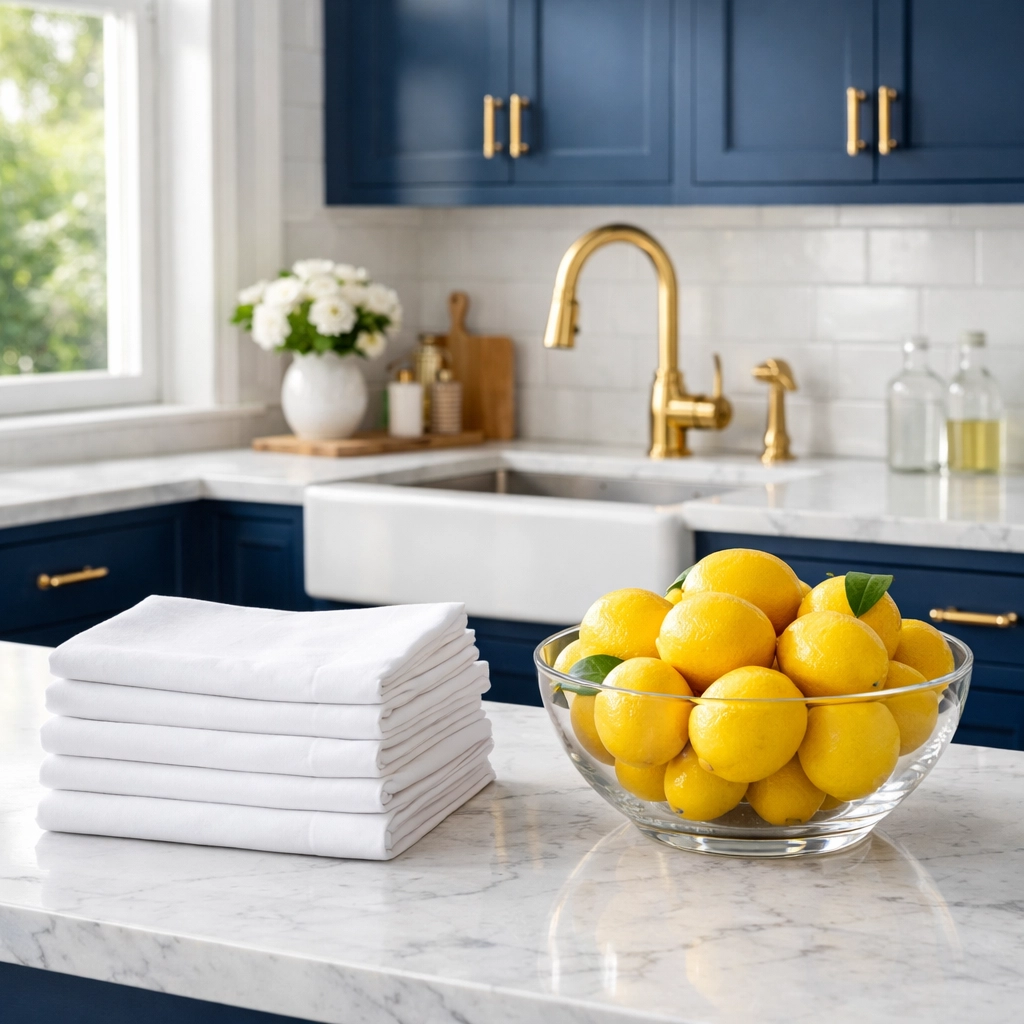 High-end modern kitchen with blue cabinets and white linens cleaned by professional cleaning services near me.