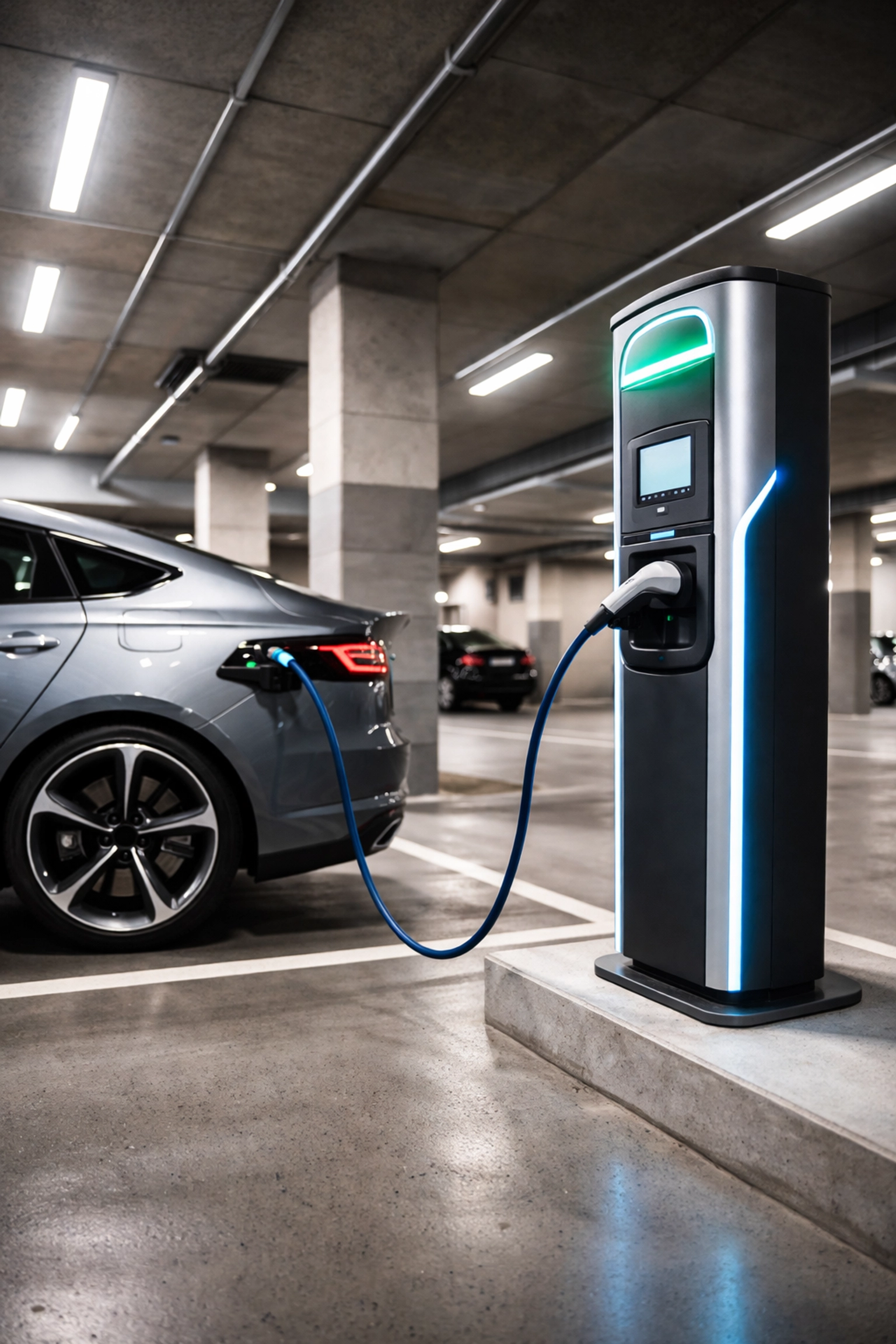 Modern EV charging station with electric vehicle plugged in at a multifamily apartment parking garage