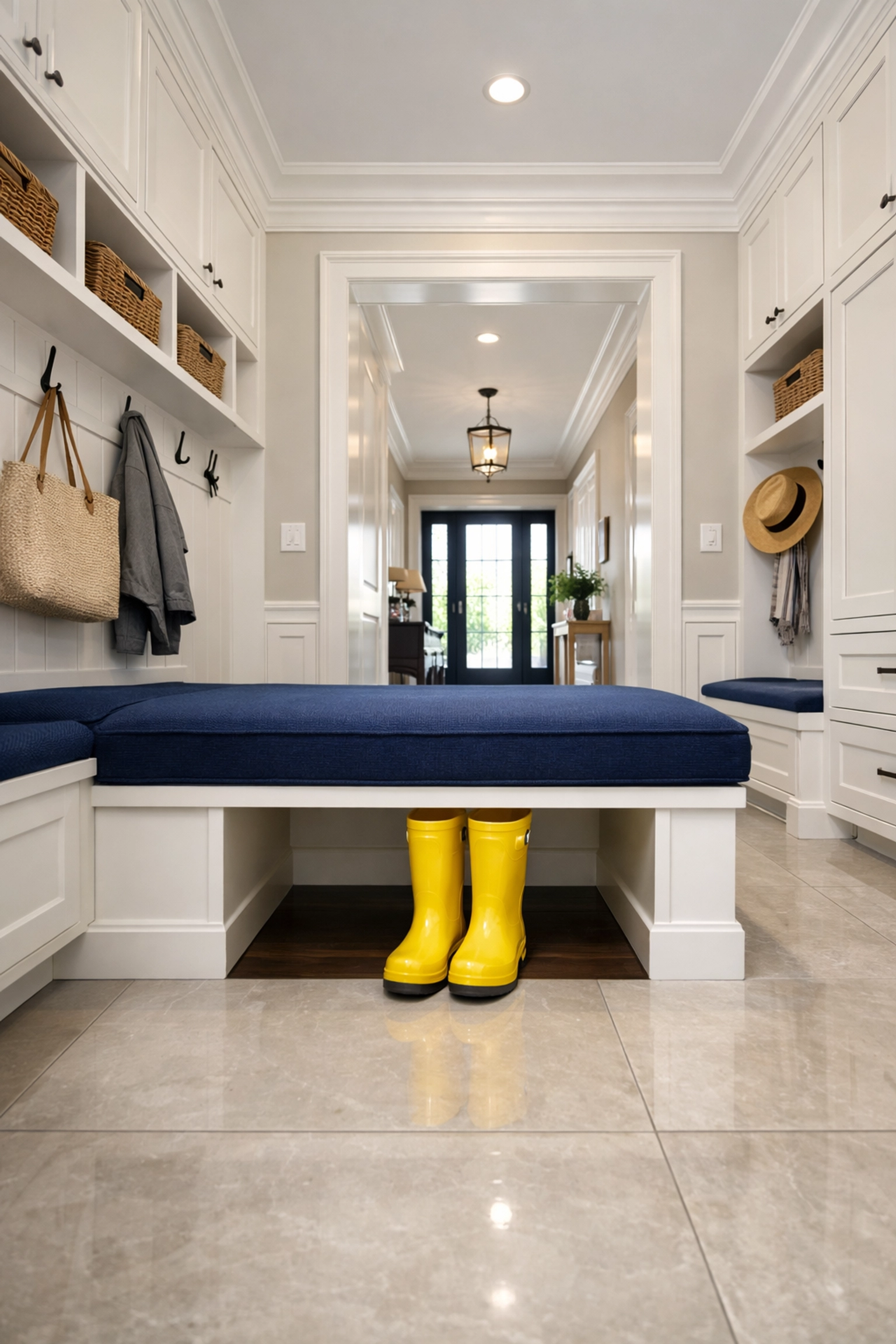 Organized mudroom with spotless tile floors after a professional house cleaning Wayland MA service visit.