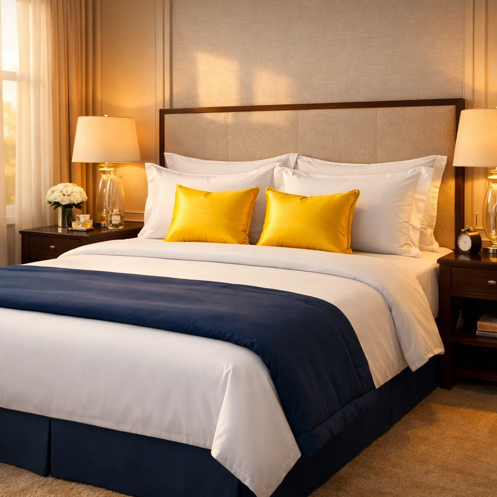 Master bedroom with a professionally made bed after a residential cleaning service in Concord, Massachusetts.