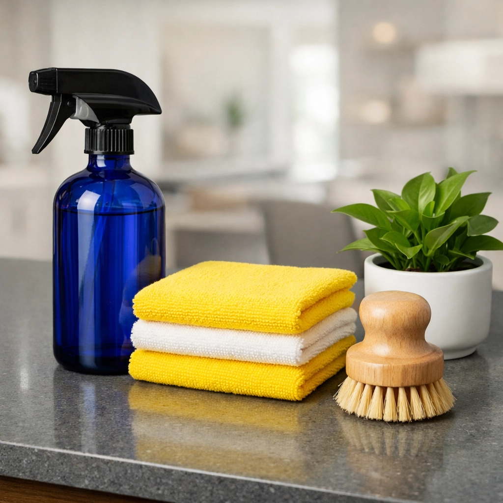 Eco-friendly cleaning supplies on a quartz counter for safe post-construction cleaning in Newton MA.