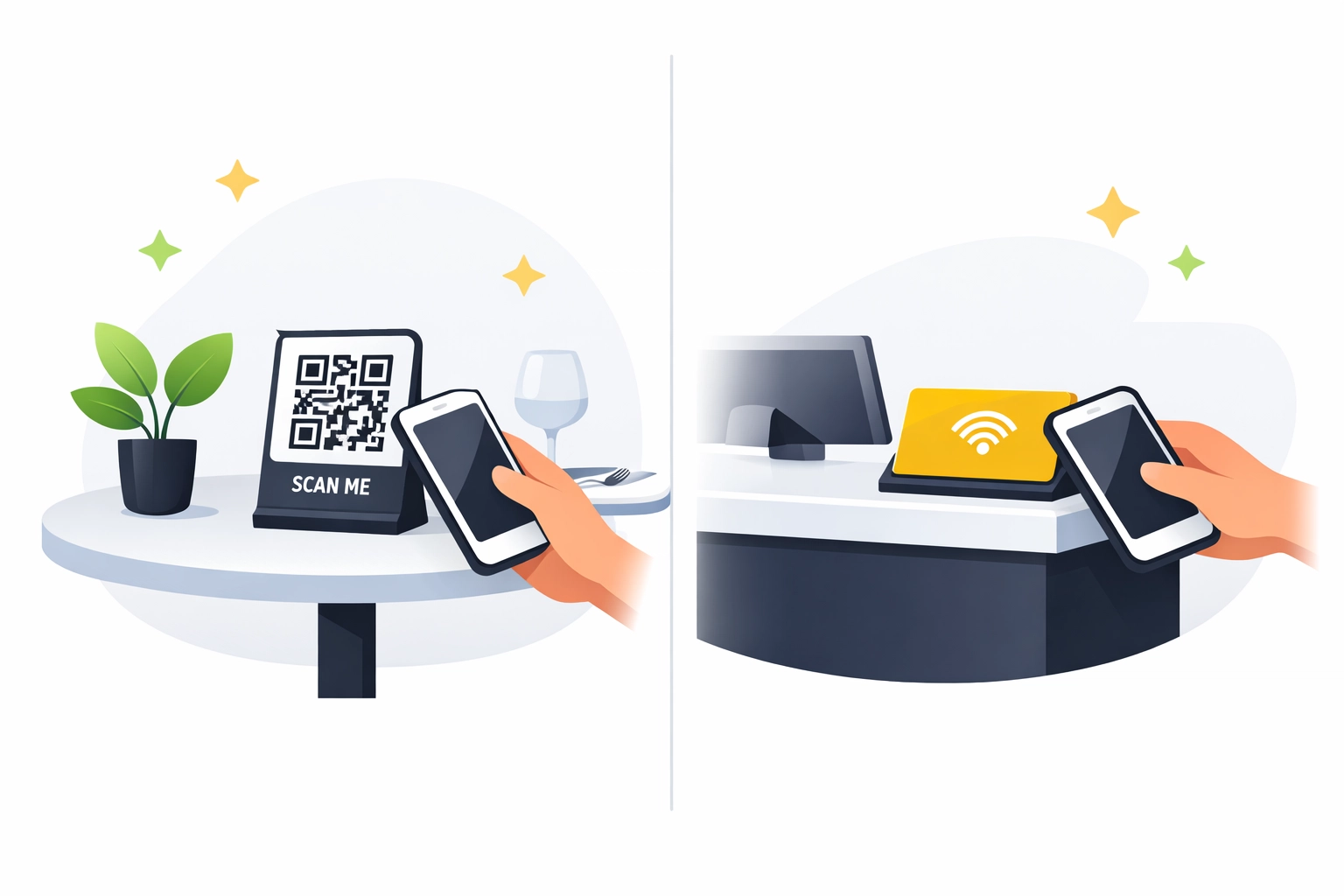 NFC kártya és QR kód használata helyszíni véleménygyűjtéshez étteremben és recepción.