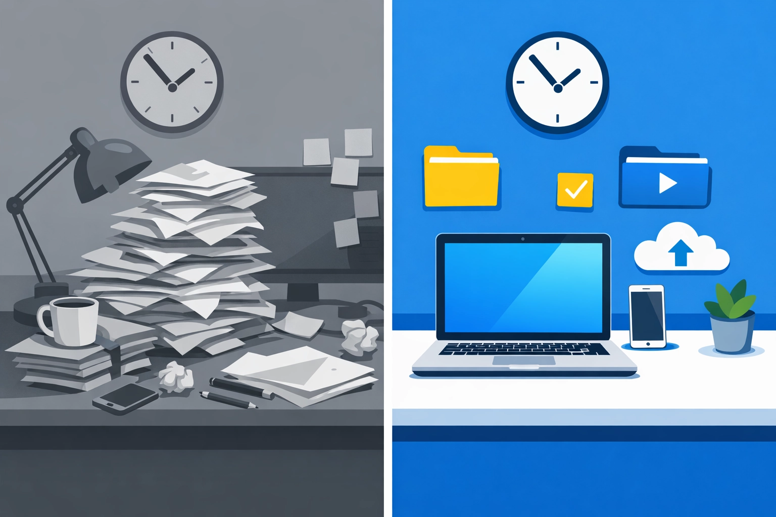 Comparison of traditional paper-based tax filing versus modern virtual tax preparation efficiency.