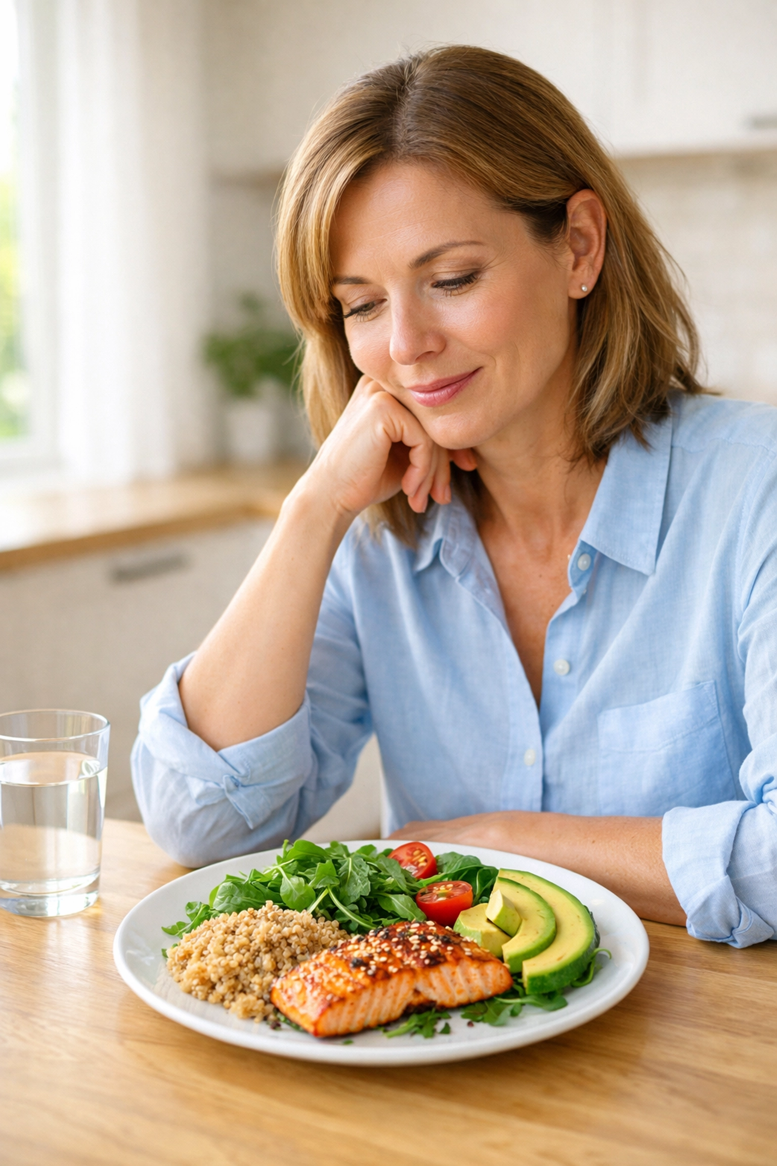 Woman in her 40s with balanced meal of salmon, quinoa, and vegetables for perimenopause hormone health