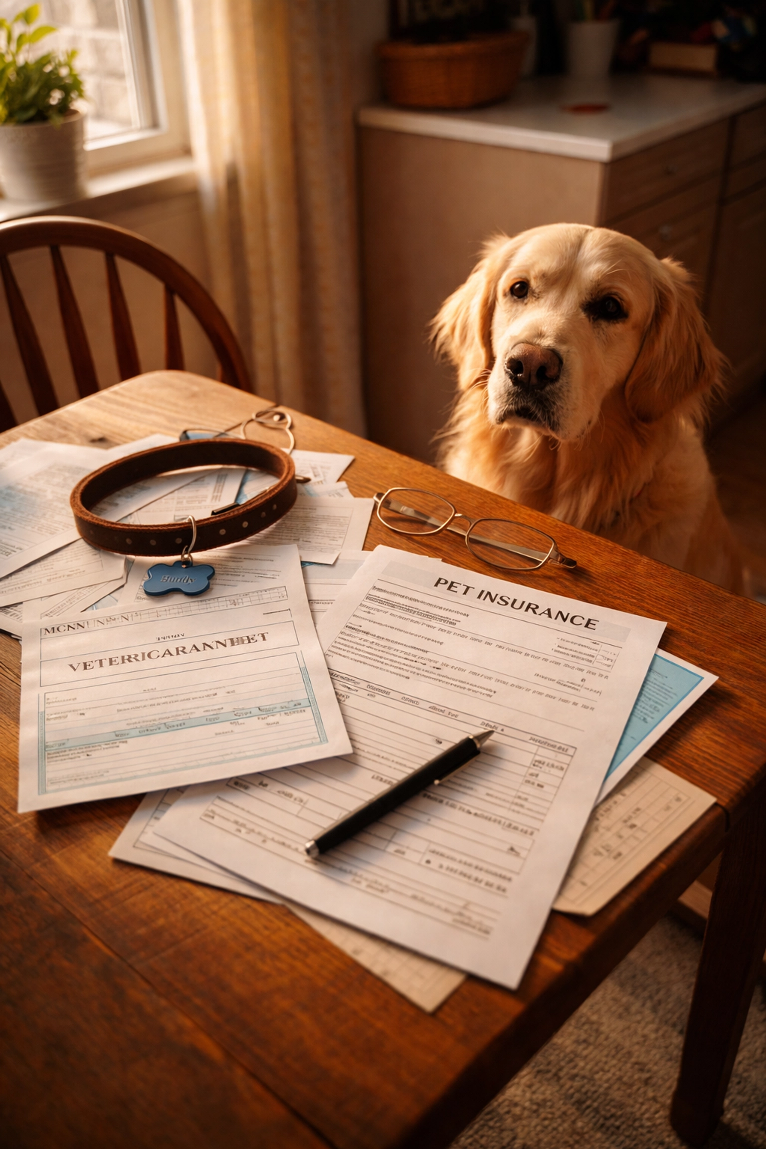 Pet ownership documents and a golden retriever, highlighting evidence in UK divorce dog custody cases