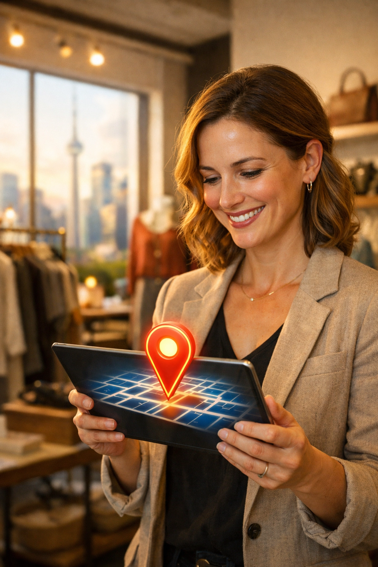 A Toronto boutique owner viewing their business location on a map for local SEO optimization.