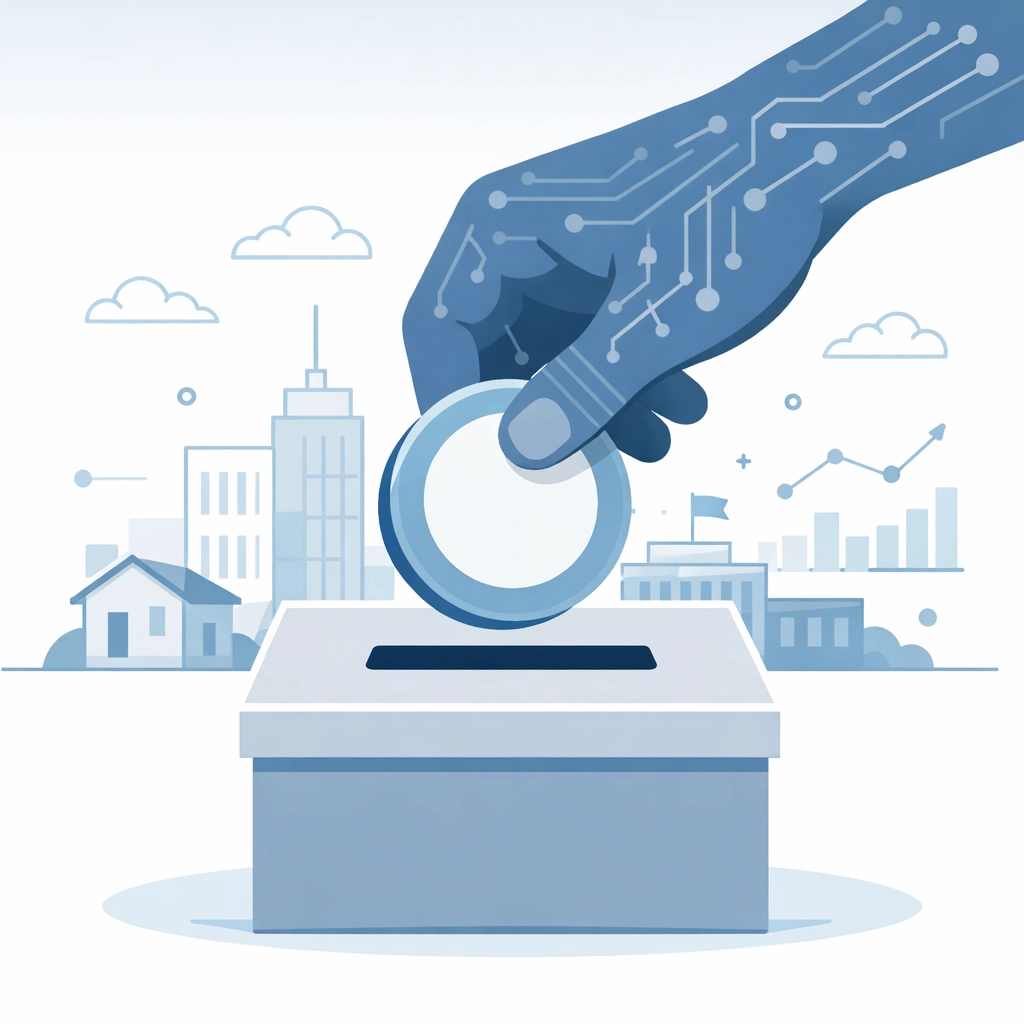 Illustration of digital money entering a ballot box representing tech industry political spending.