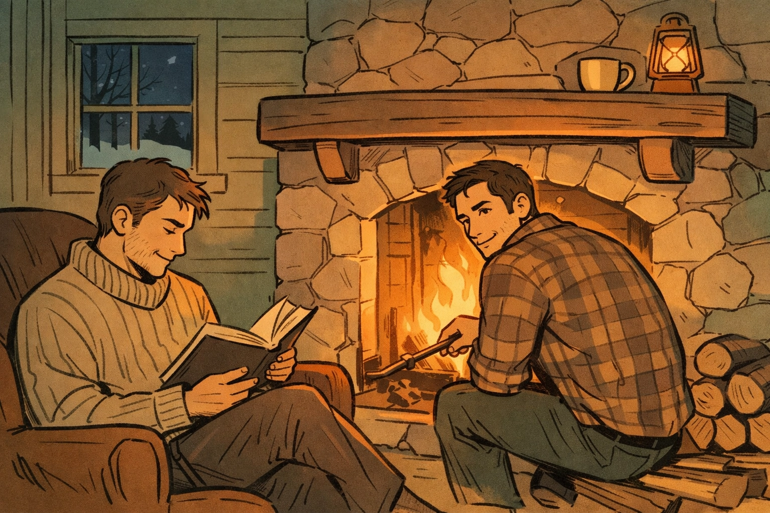 Gay couple by fireplace in cozy cabin, literary MM romance quiet intimacy