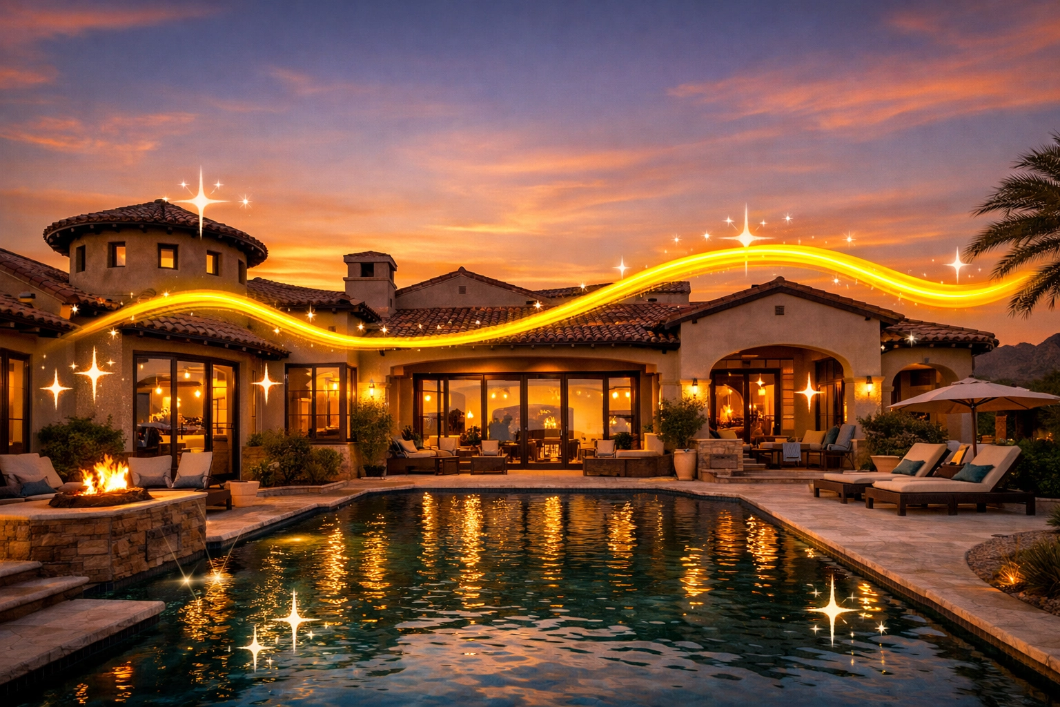 Stunning Scottsdale luxury home with a pool at sunset representing premium real estate marketing. Stunning Scottsdale luxury home with a pool at sunset representing premium real estate marketing.