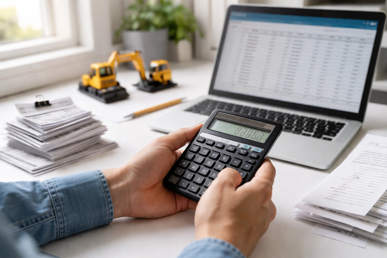 Small business owner calculating bonus depreciation with receipts, laptop, and construction equipment model