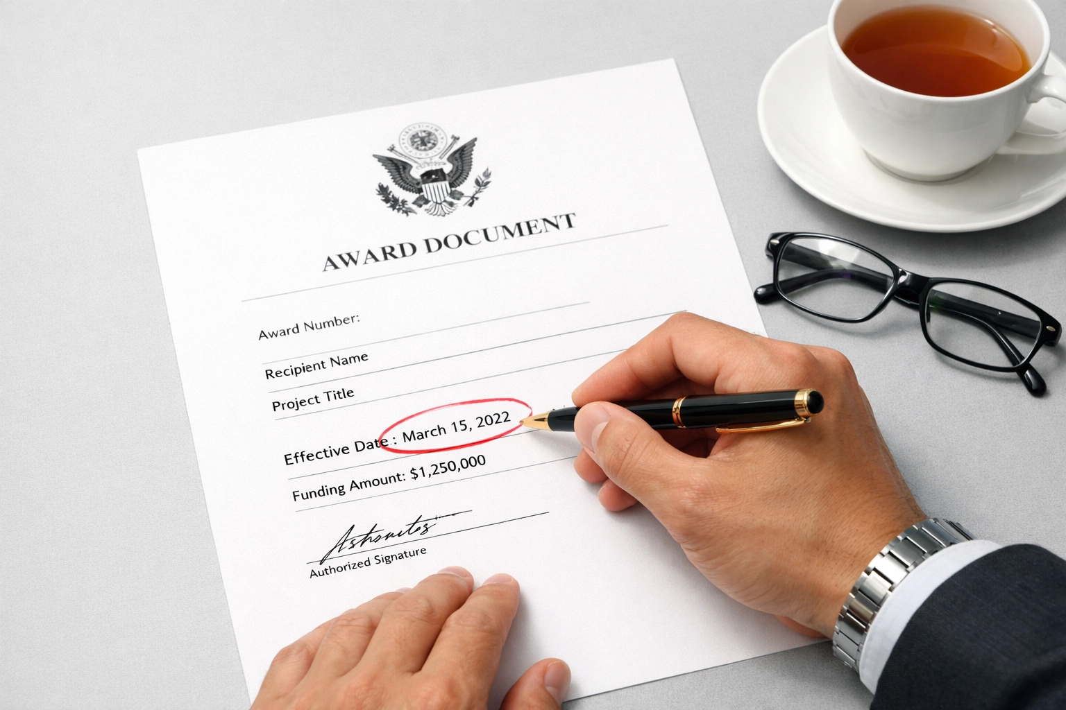 Close-up of a professional highlighting the award issue date on a government grant document.