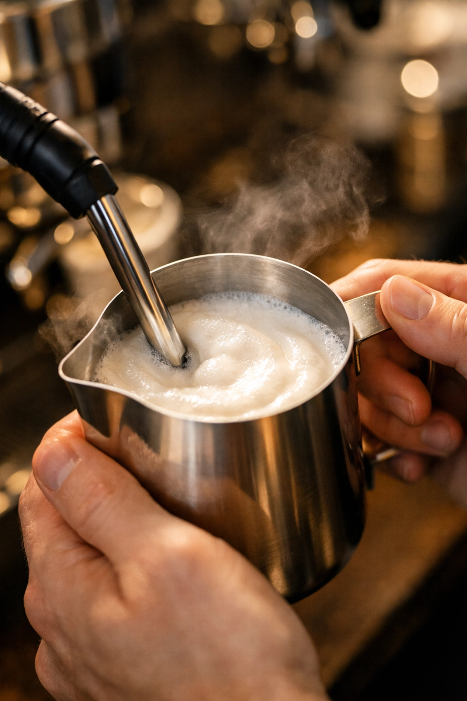 Barista hands expertly steaming milk for cappuccino demonstrating proper training technique