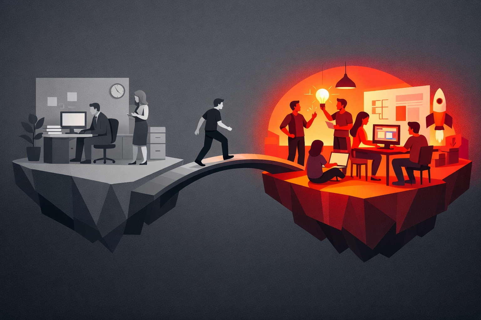 Bridge connecting generic stock photos to an authentic, vibrant business team to build trust and leads.