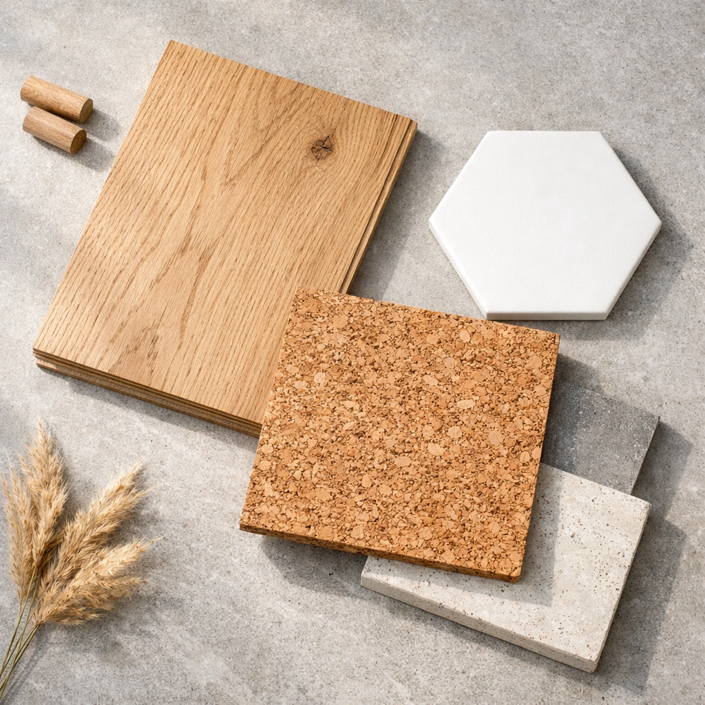 Sustainable flooring samples including oak hardwood, natural cork, and ceramic tile for healthy Pennsylvania homes.