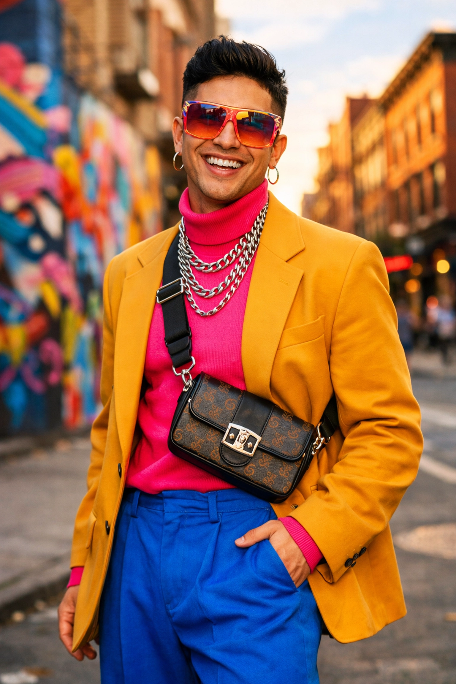 Bold maximalist gay fashion in NYC Williamsburg with colorful vintage outfit and accessories