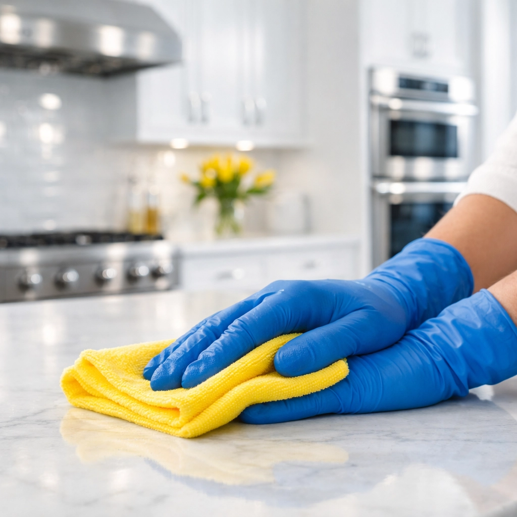 Professional house cleaning Marlborough deep clean of a luxury modern kitchen with marble counters.