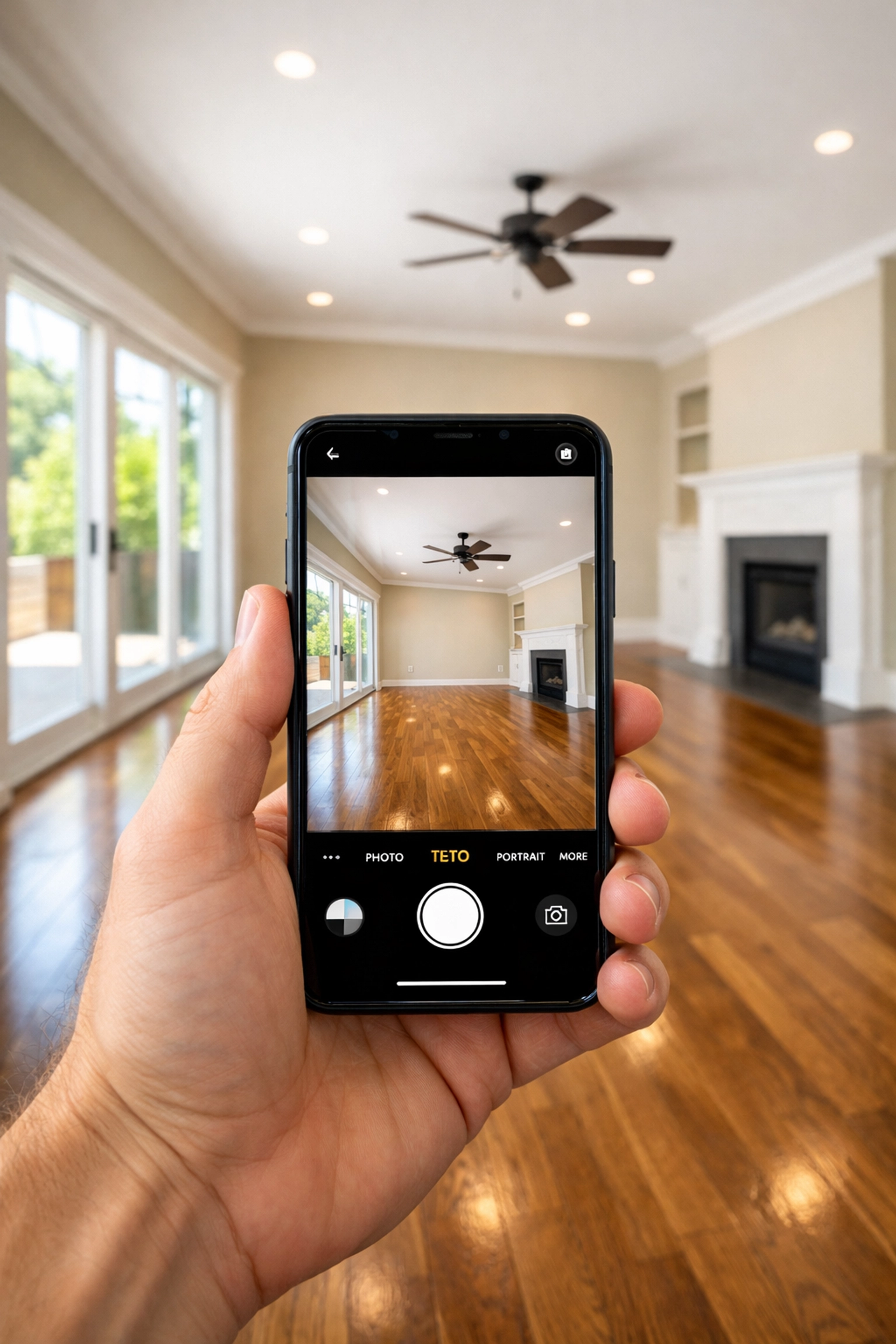 Using a smartphone for move-in documentation of a clean Nashville living room with hardwood floors.