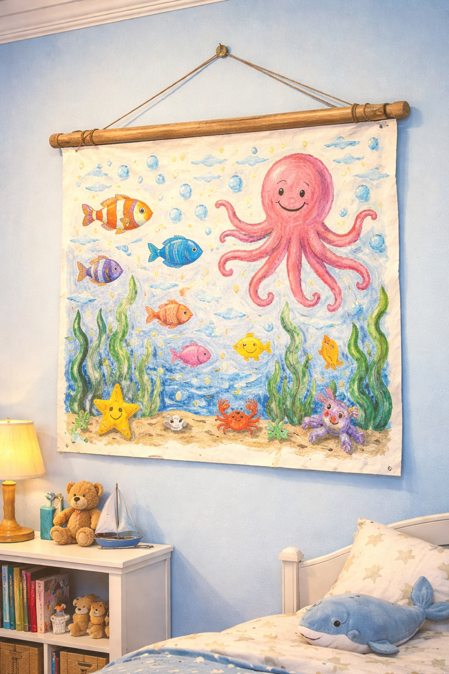 A completed family mural with an underwater theme, displayed hanging on a blue bedroom wall
