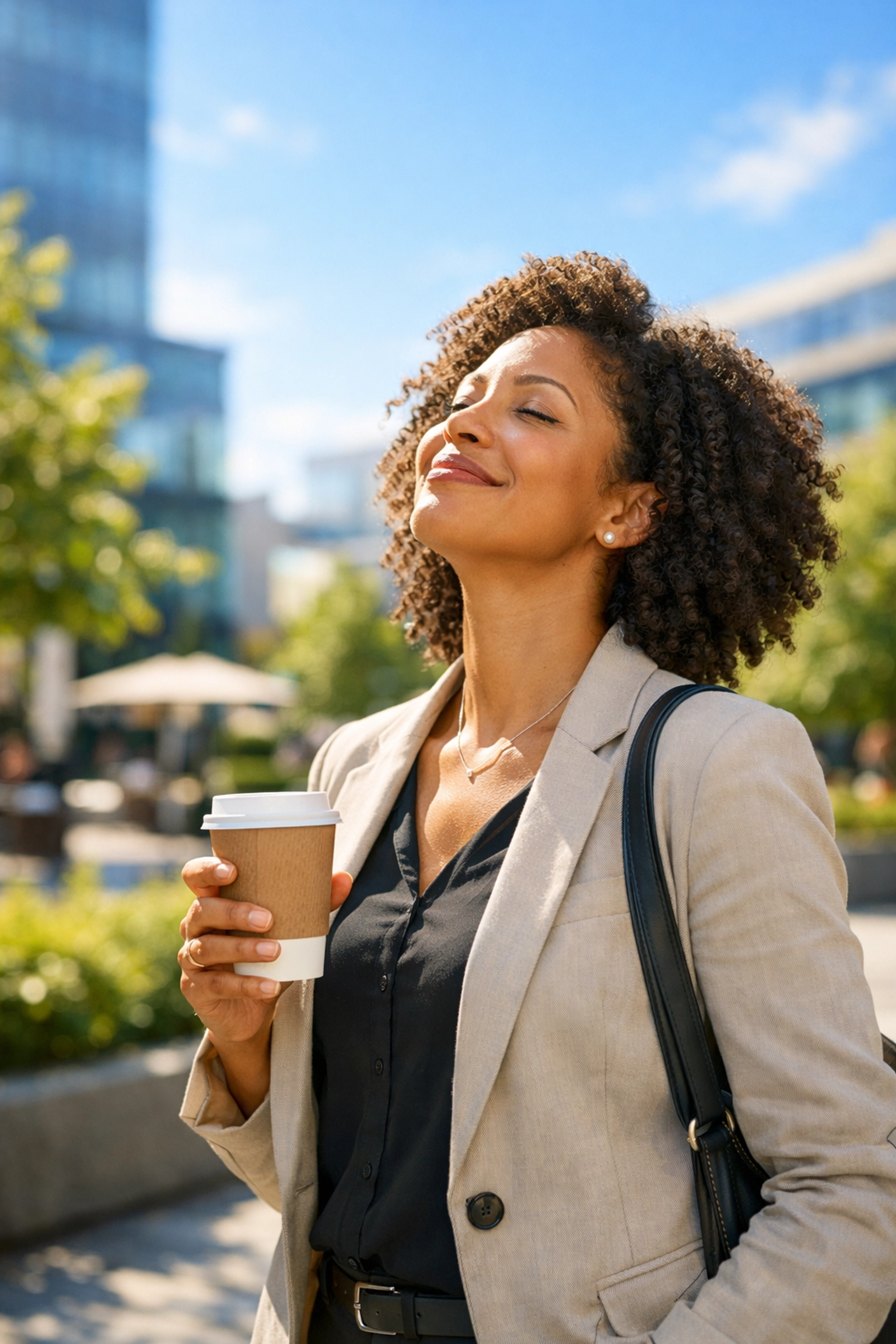 Professional woman taking outdoor break in natural sunlight to boost afternoon energy