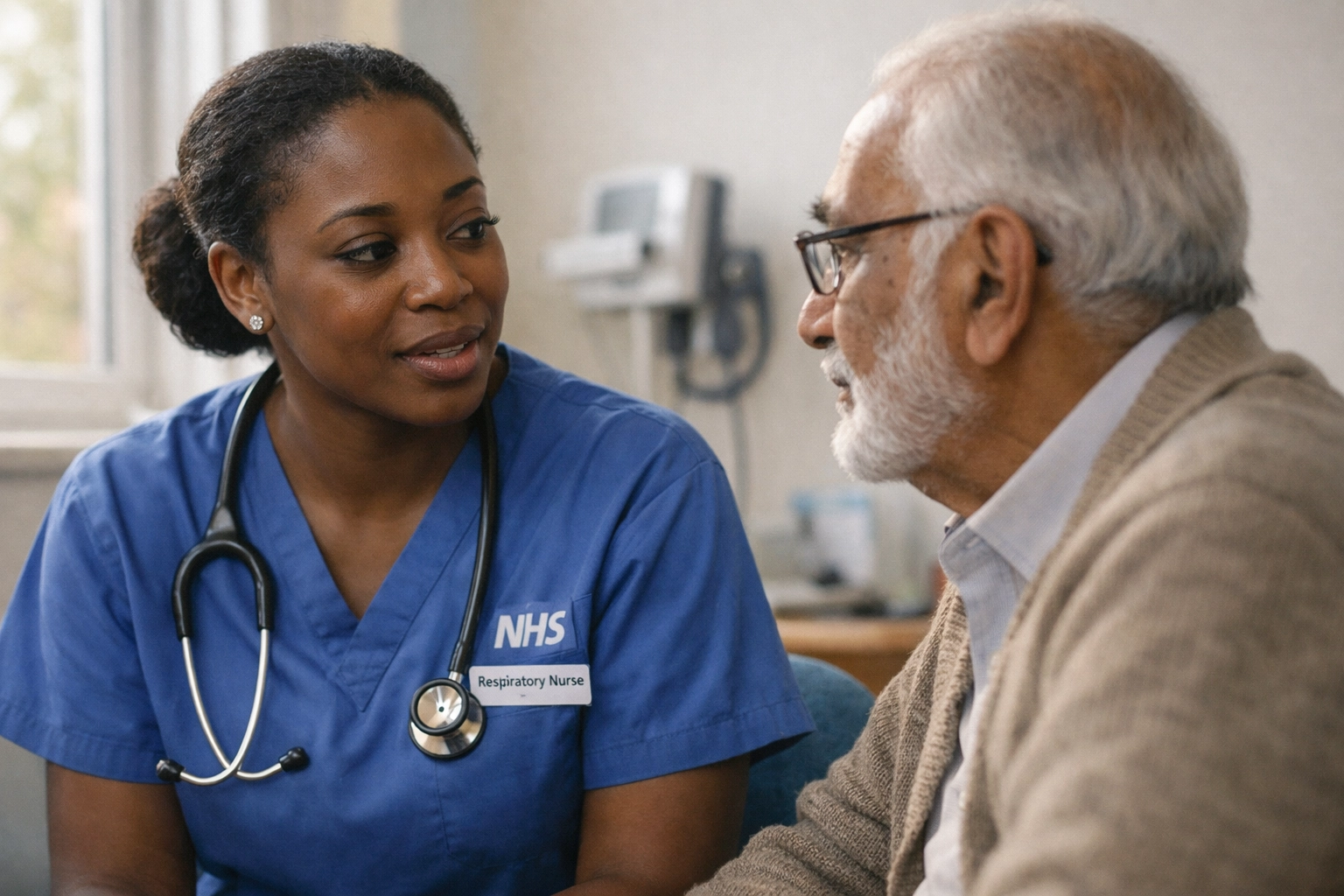 NHS respiratory nurse consulting with COPD patient in community clinic setting