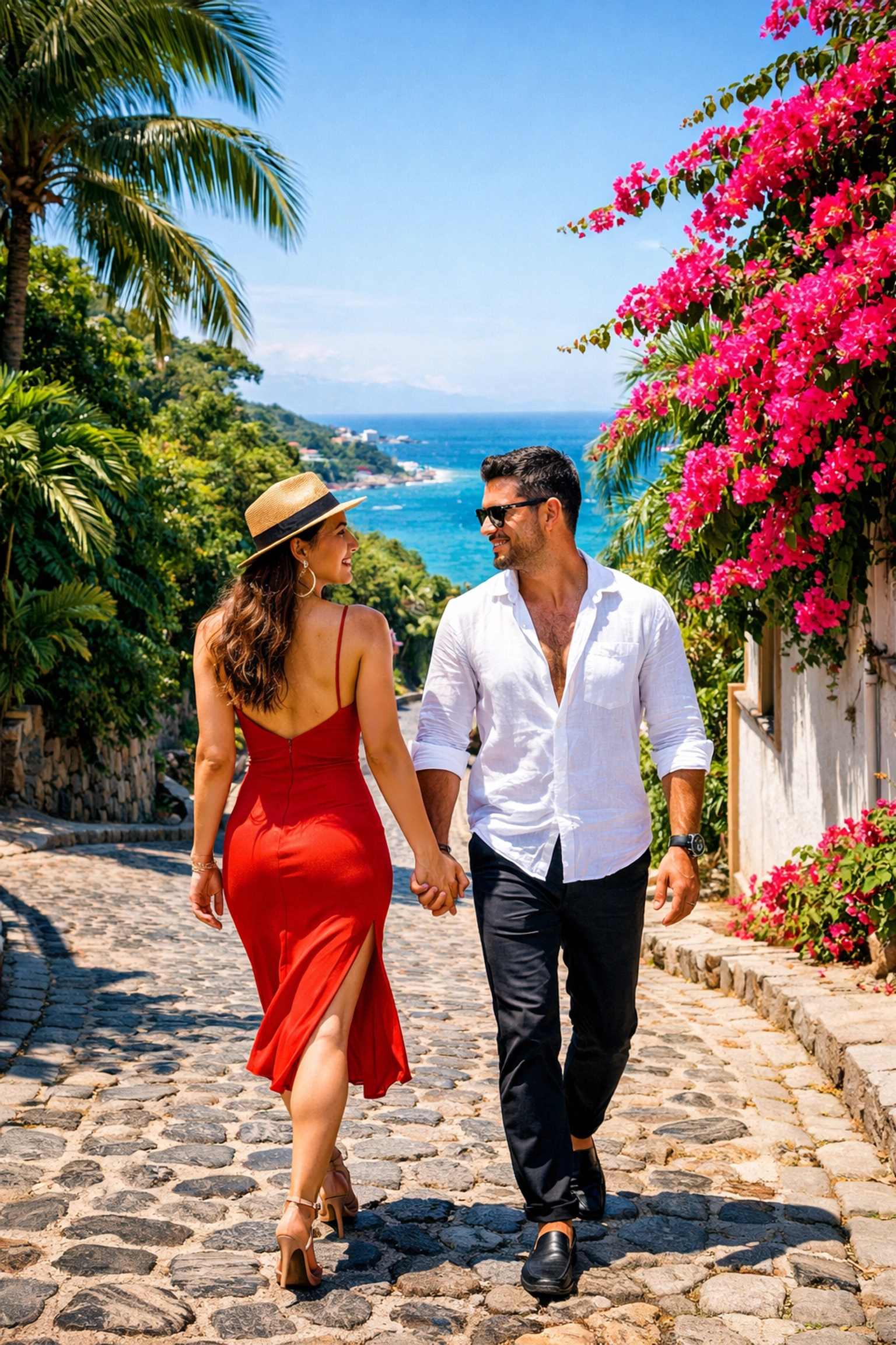 A couple walks down a lush cobblestone street in Amapas, Puerto Vallarta, overlooking the turquoise Pacific Ocean.