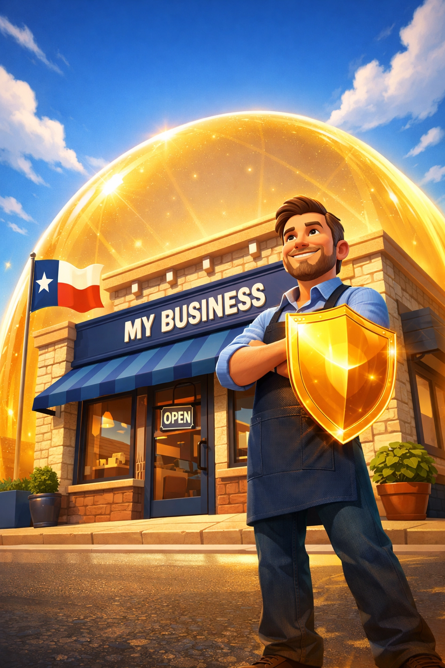 Texas business owner with a protective shield over a shop, illustrating 2026 insurance liability updates.