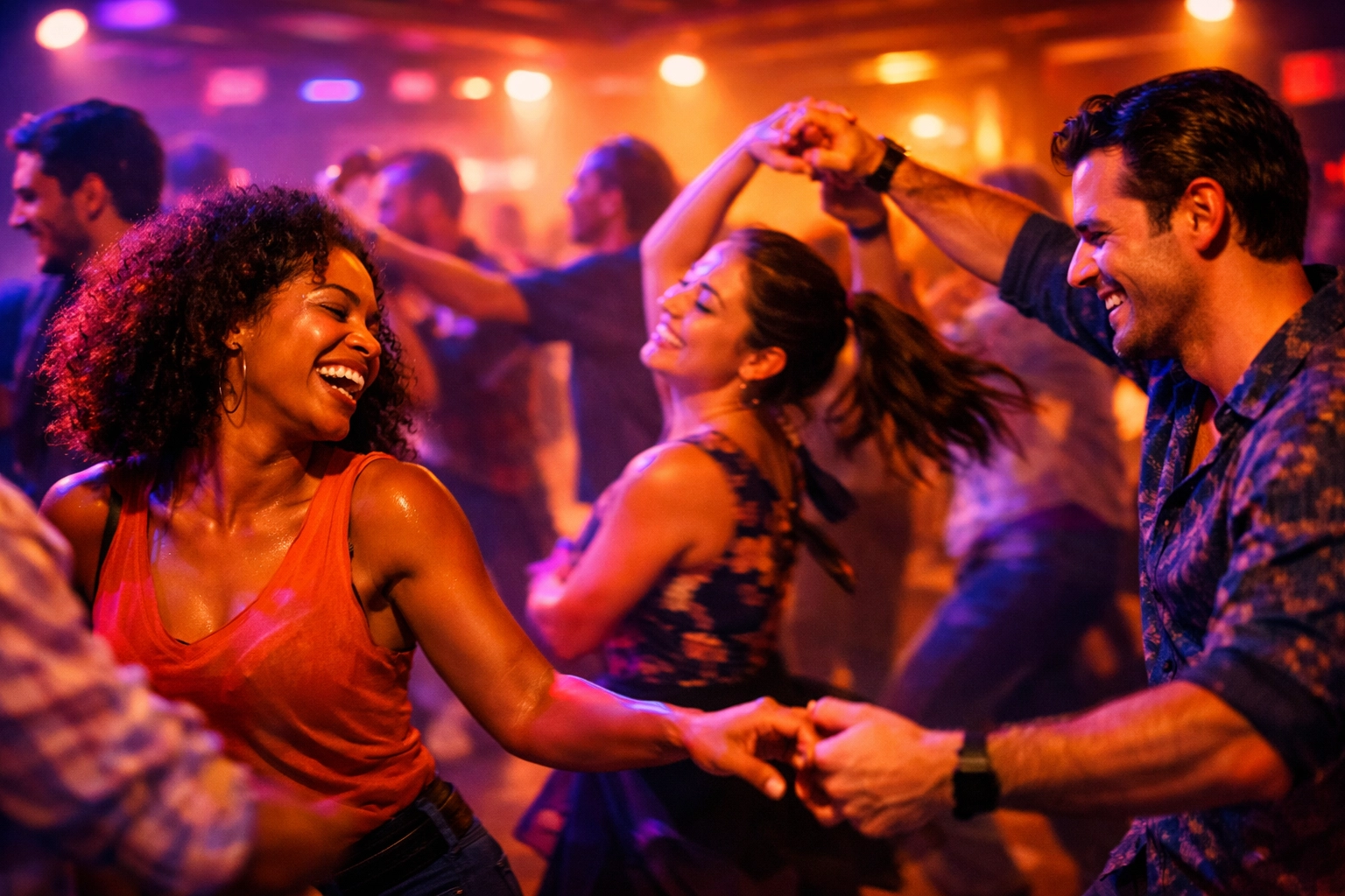 Diverse dancers connecting joyfully on social dance floor showing community growth mindset