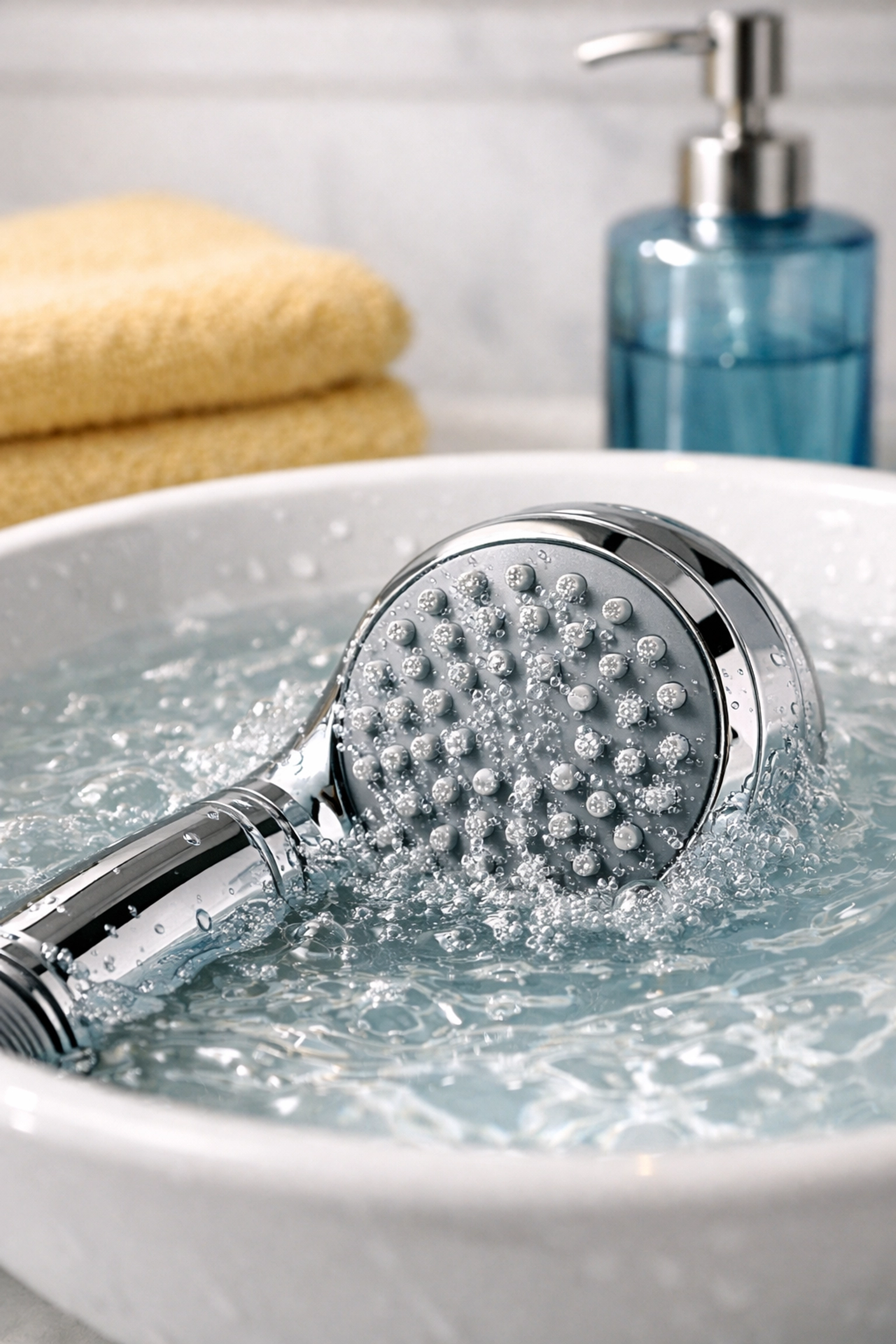 Handheld shower head submerged in a vinegar soak for effective weekly house cleaning.