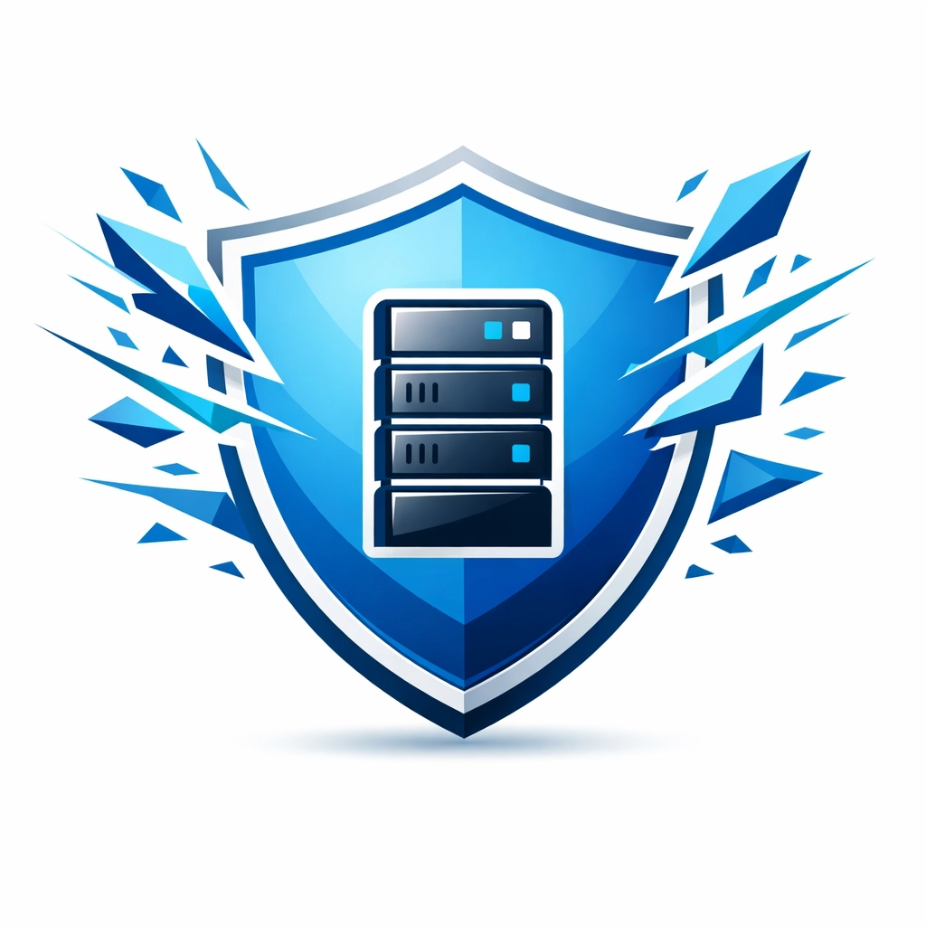 A digital shield protecting a server tower from cyber threats to ensure data security and ransomware protection.