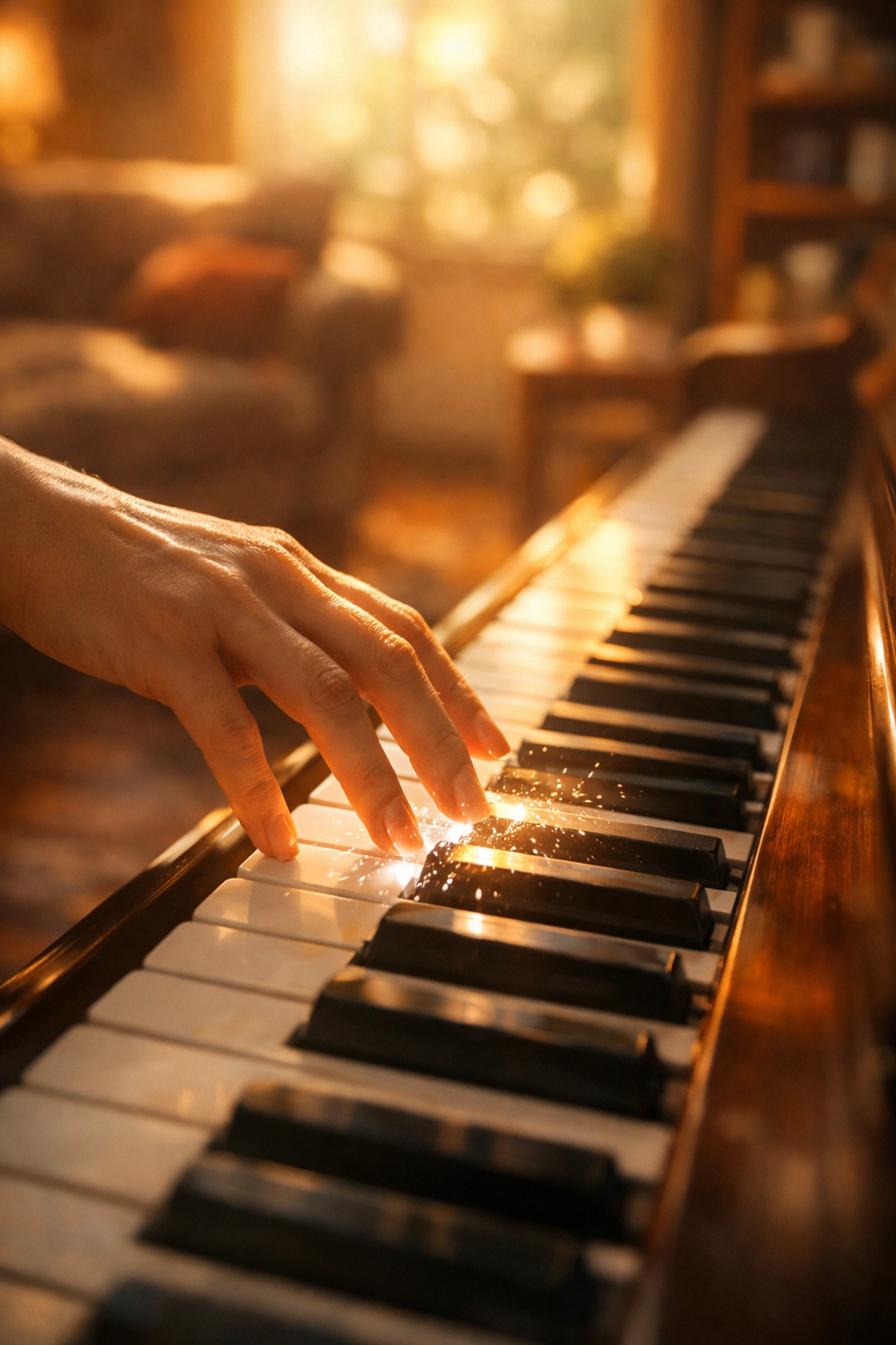 Adult student's hand on illuminated piano keys, demonstrating a simple approach to piano improvisation.